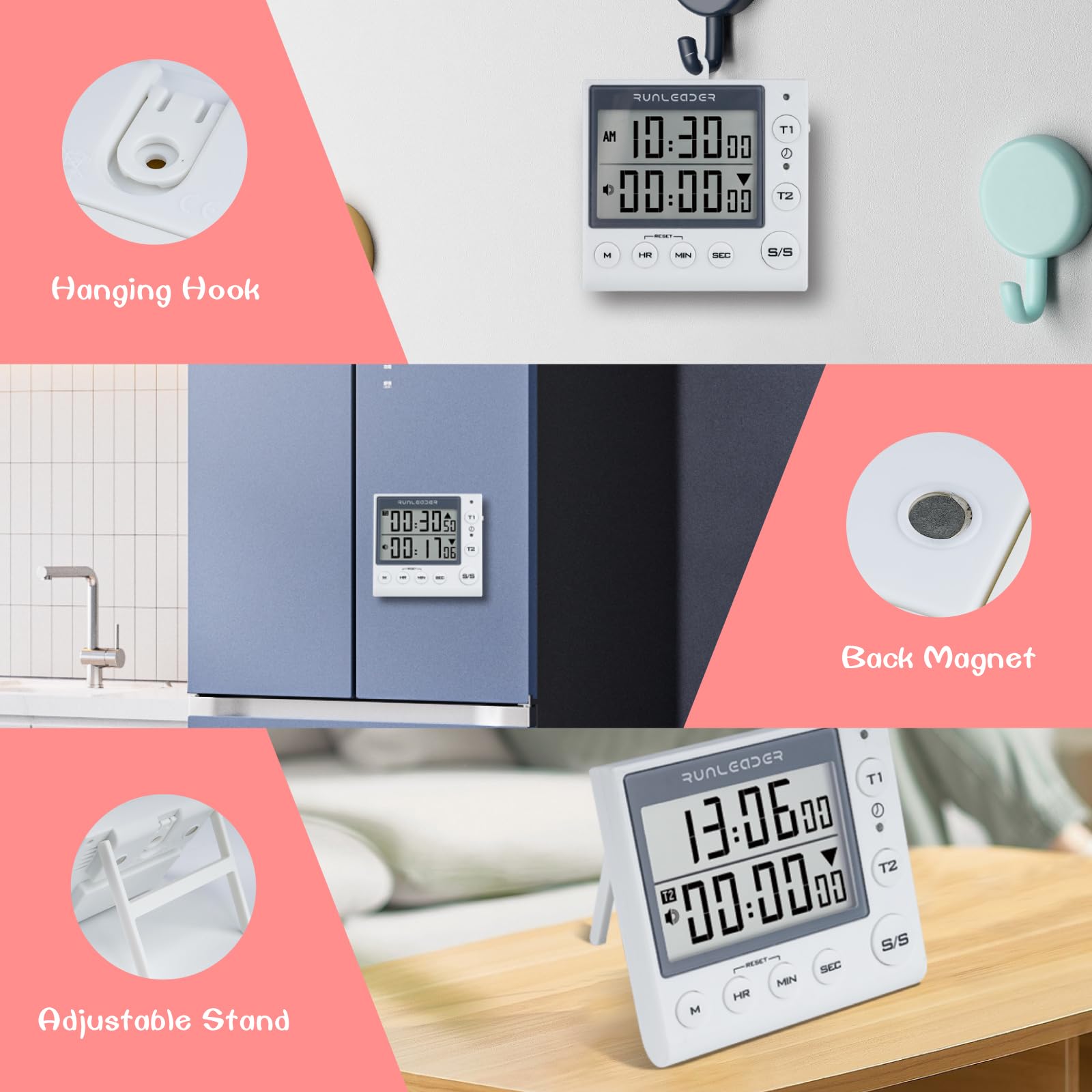 2-Channel Digital Countdown & Countup Timer with 12H/24H Clock Display - White | Perfect for Kitchen Cooking, Classroom Labs, and Fitness Workouts