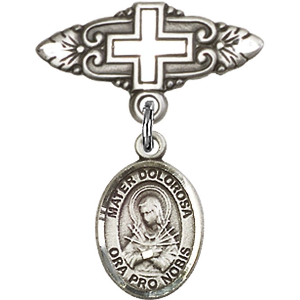 1 X 3/4 Inch Sterling Silver Baby Badge with Mater Dolorosa Charm & Cross Pin - Perfect for Christenings, Baptisms & Religious Gifts