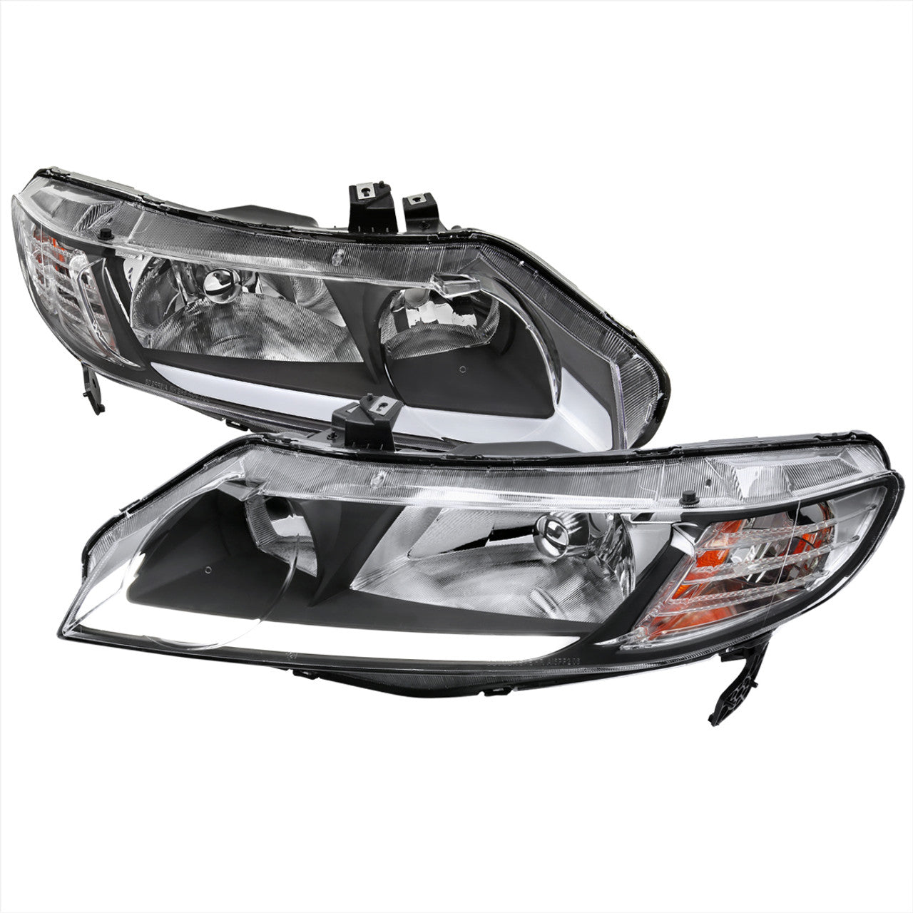 Black Euro Style Headlight Housing Kit with LED Strip for 2006-2011 Honda Civic Sedan 4dr - Upgrade Your Night Driving & Style