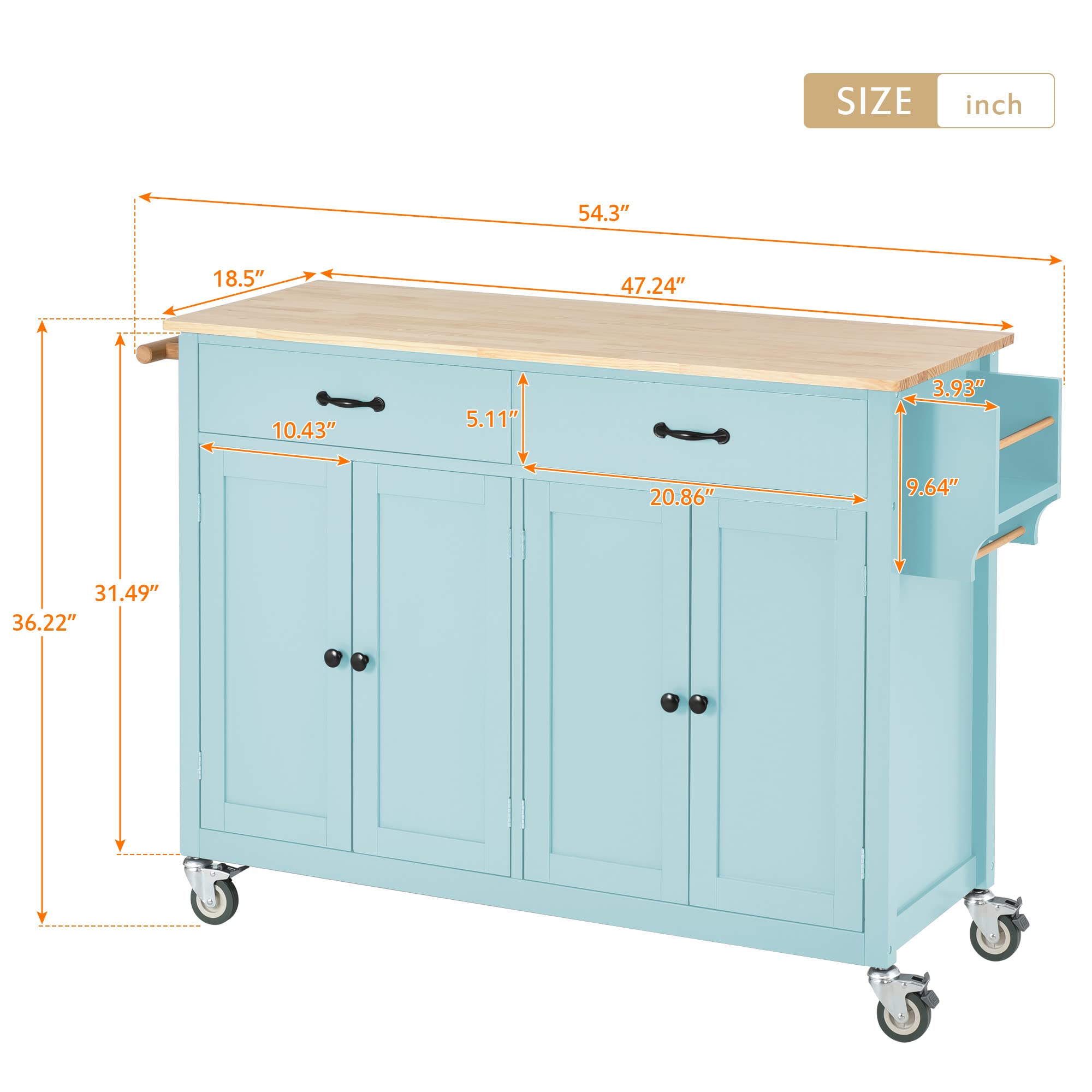 Rolling Kitchen Island Cart with Storage - Mobile Wood Top Kitchen Cart with Cabinet, Drawer, Spice Rack & Towel Rack - Mint Green Moveable Dining Table for Small Spaces, Apartment Cooking & Kitchen Organization