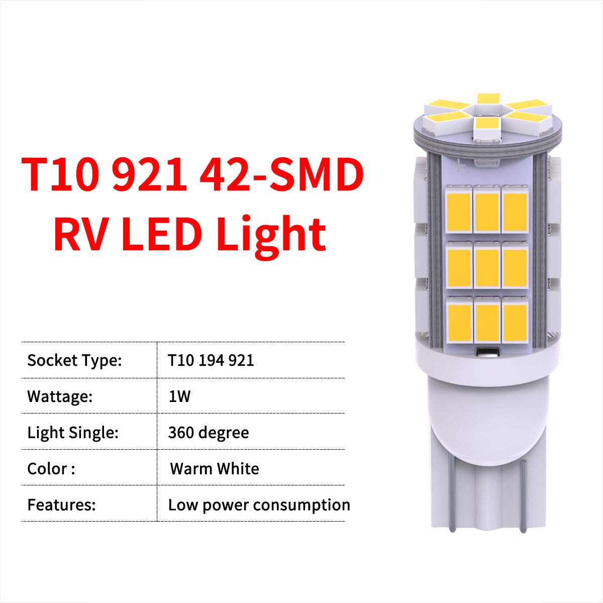YITAMOTOR 921 RV Interior LED Light Bulbs - 20-Pack Super Bright T10 912 194 LED Bulbs for RV, Camper, Car Dome, Map, Door, License Plate, Trailer Backup & Reverse Lights - Warm White 42-SMD - Perfect for Night Driving and Interior Lighting Upgrades