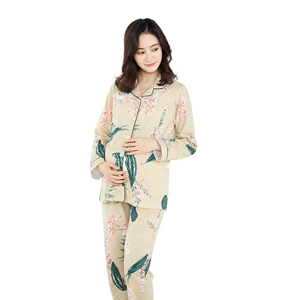 FMOGG Women's Cotton Nursing Pajama Set - Button Front Maternity Sleepwear for Pregnancy & Breastfeeding, Long Sleeve Top & Pants (Spring/Autumn) - Perfect for Comfortable Home Wear, Nighttime Nursing & Relaxation