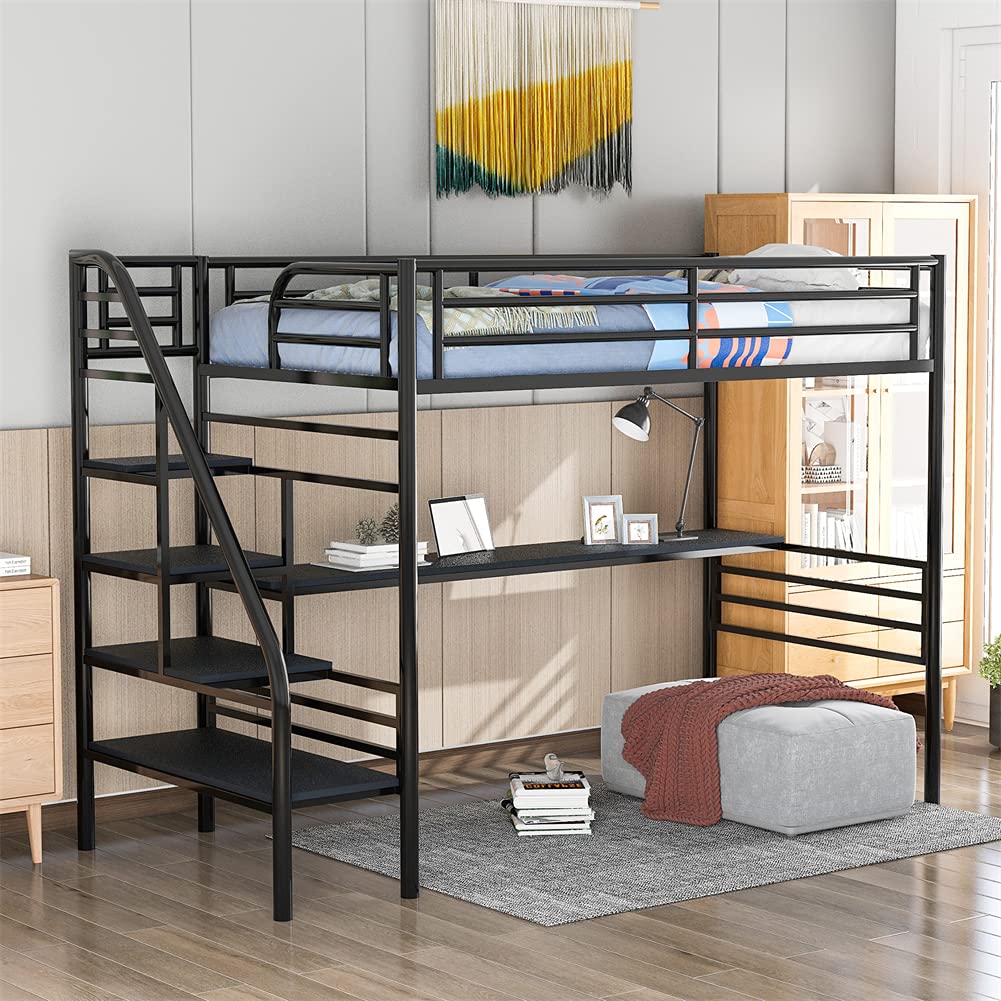Twin Size Metal Loft Bed Frame with Stairway & Guardrails - Space-Saving Bedroom Furniture with Under-Bed Workstation & Full-Length Desk for Small Apartments, Dorm Rooms & Guest Rooms