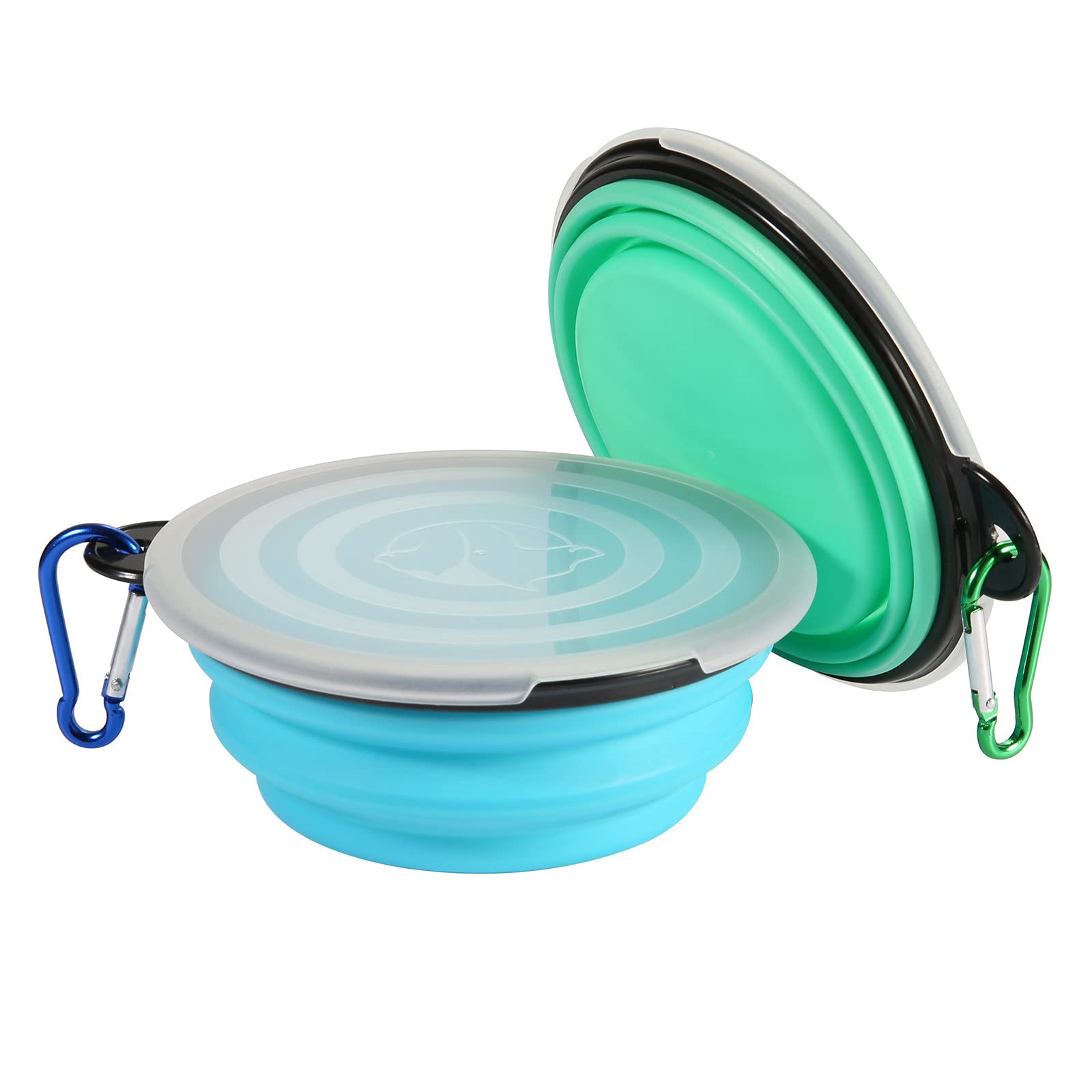SLSON 2-Pack Collapsible Pet Bowls with Lids - Portable Foldable Dog & Cat Food and Water Dish for Travel, Walking, Camping, Hiking (Light Blue & Green, Small) - Perfect for Outdoor Adventures and Daily Use