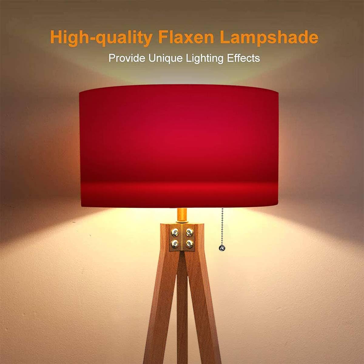 Modern Red Wood Tripod Floor Lamp with Linen Lampshade - Dimmable Tall Standing Light for Living Room, Bedroom, Office | Mid-Century Style Home Decor Lighting for Reading Nook, Lounge & Workspace