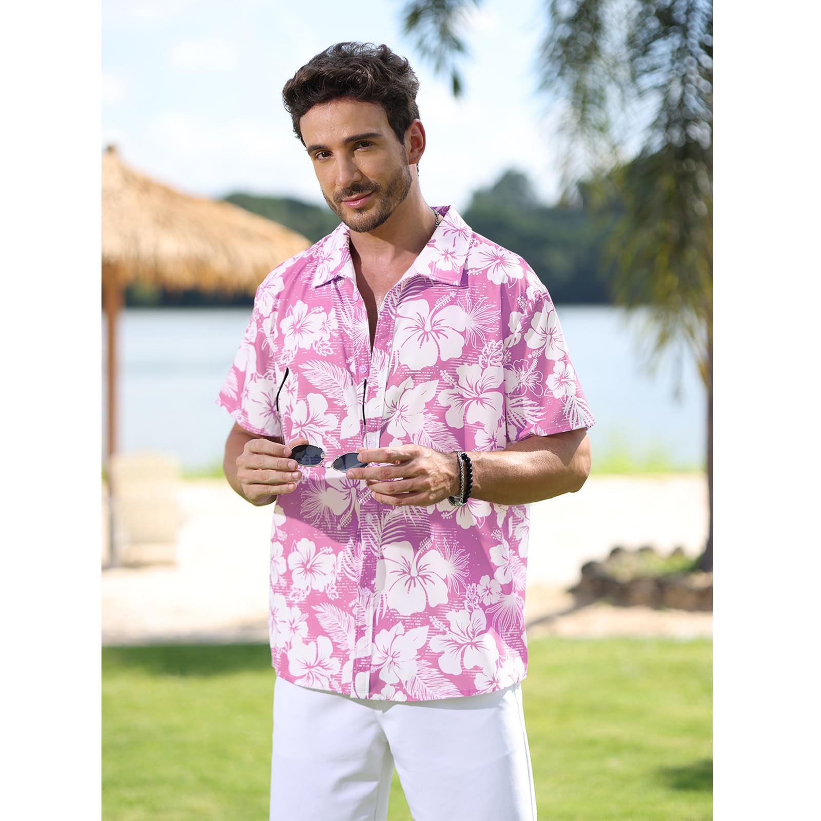 Men's Hawaiian Floral Shirt - Summer Casual Button Down Tropical Shirt for Beach Vacation, Luau Party & Summer Outfits | Lightweight Breathable Short Sleeve Shirt