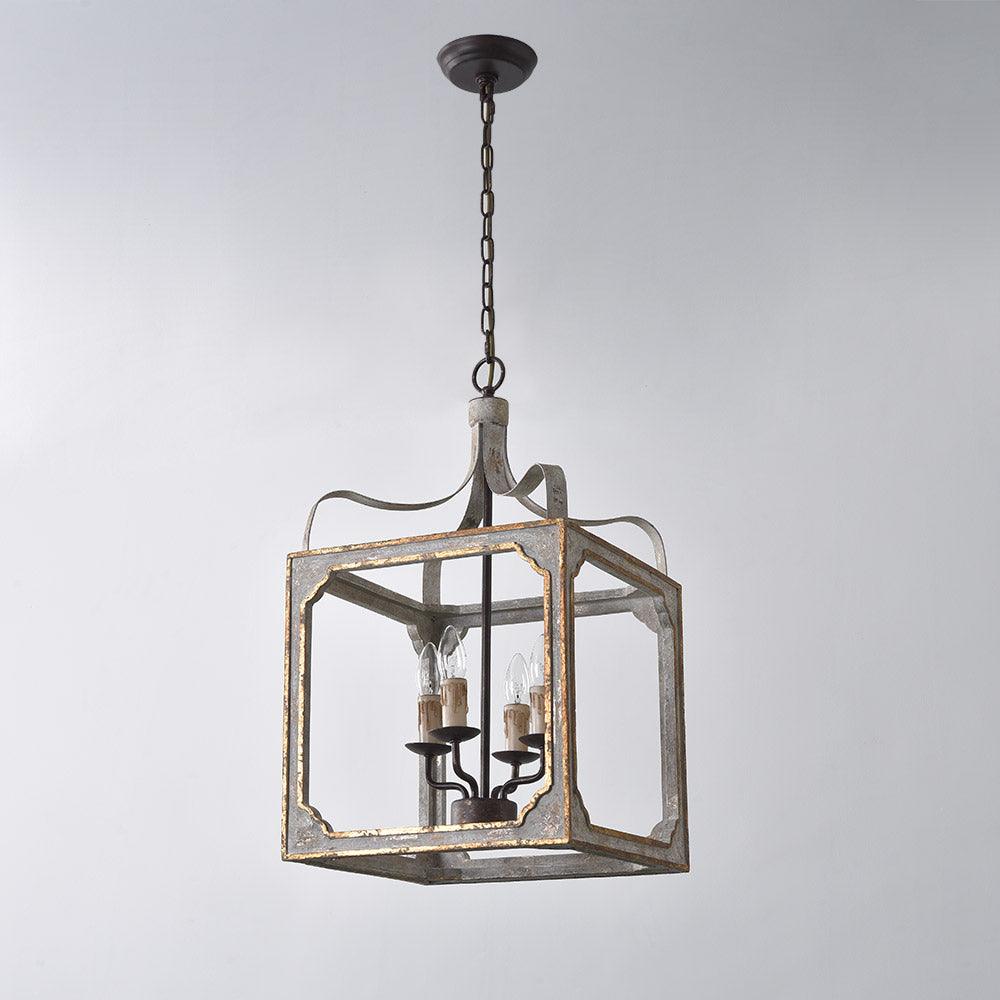 Boho Rustic Cube Chandelier - Modern Farmhouse Pendant Light with Wooden Beads & Metal Frame for Dining Room, Bedroom or Living Room Decor