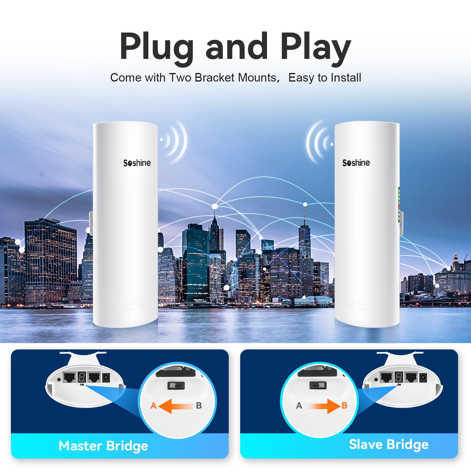 Soshine 5.8G 300Mbps Wireless Bridge Kit with Mounts - Long Range 3KM Point to Point Outdoor WiFi Extender for Shop, Barn, Garage & Building | Plug & Play with 24V PoE Injector & 2 RJ45 Ports (2-Pack) - Perfect for Remote Offices, Farm Connectivity & Surveillance Systems