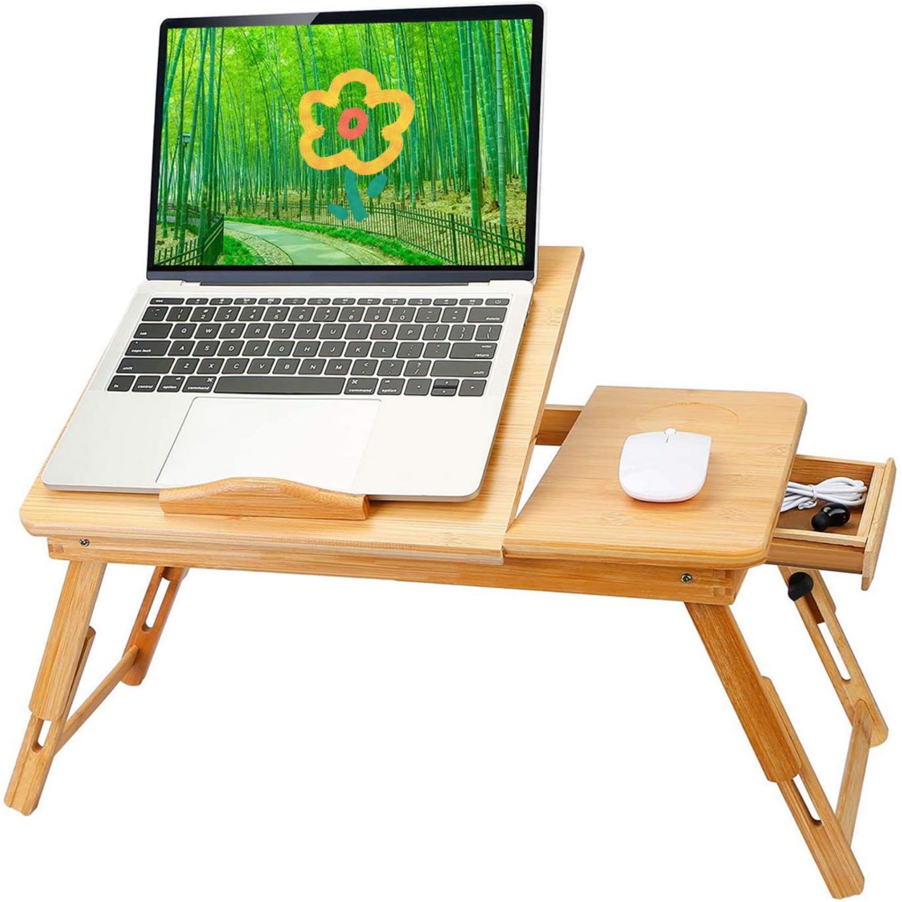 HUOLE Adjustable Bamboo Laptop Desk - Portable Folding Bed Table with 3 Angle Settings, Lightweight Lap Tray for Computers (66 x 30 x 35cm, Wood Color) - Perfect for Working in Bed, Sofa or Outdoor Use