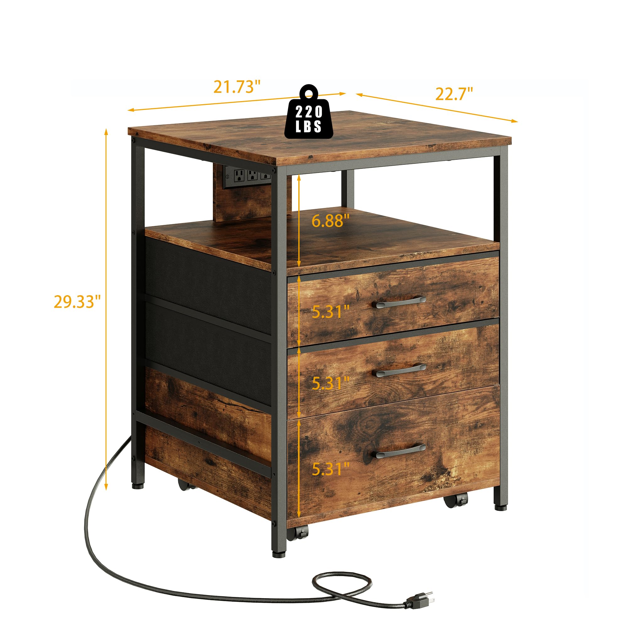 4-Tier Mini Fridge Stand with Storage & Power Outlet - Heavy Duty Rolling Cabinet Organizer for Compact Refrigerators - Rustic Brown HB02BXN - Perfect for Dorm, Office, Bedroom & Kitchen Use