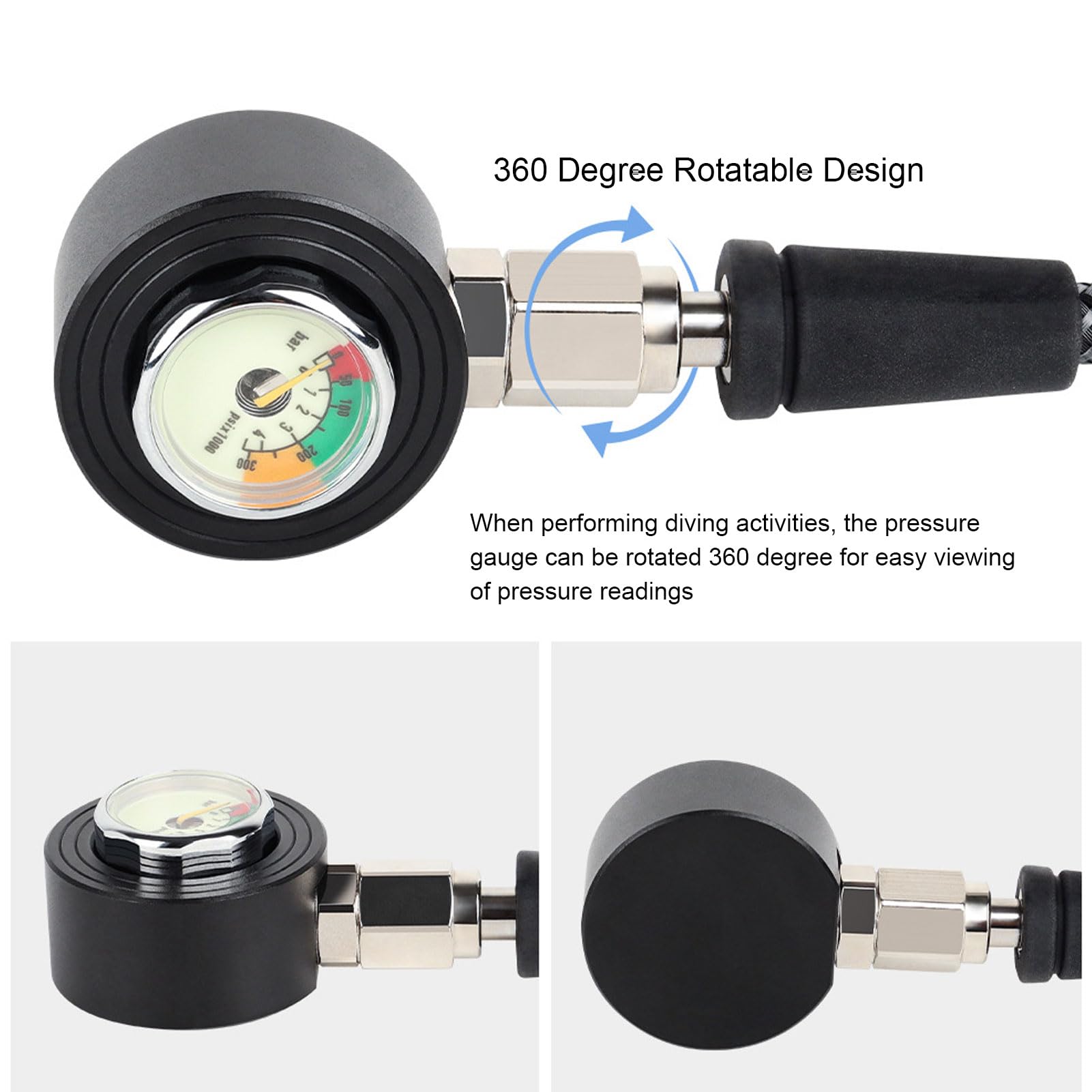 Professional Scuba Diving Pressure Gauge - Luminous Submersible Dive Gauge with High Pressure Hose for BCD Regulator | Night Diving & Underwater Exploration Gear