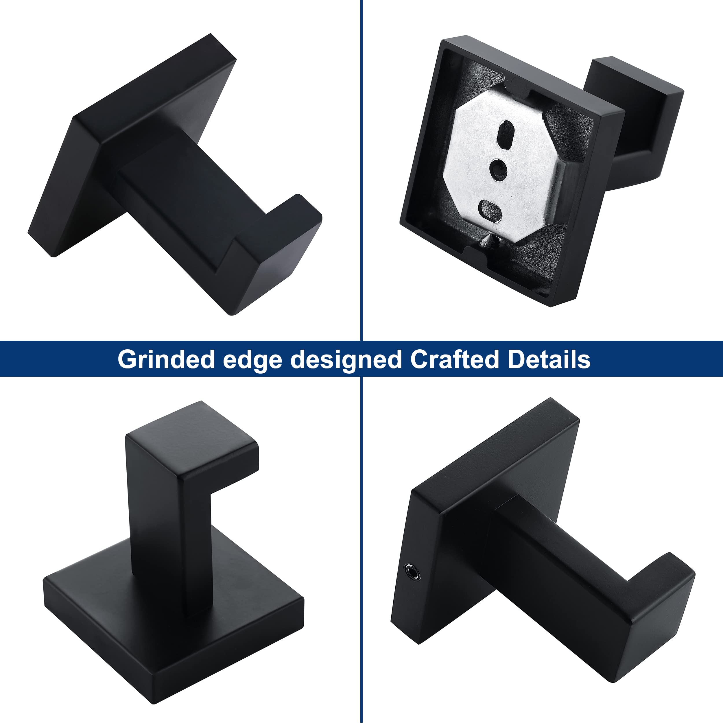 Matte Black SUS304 Stainless Steel Towel Hooks - Heavy Duty Square Wall Mount Coat & Robe Hooks for Bathroom, Kitchen (4 Pack) - Perfect for Hanging Towels, Coats, Sponges & Bathrobes