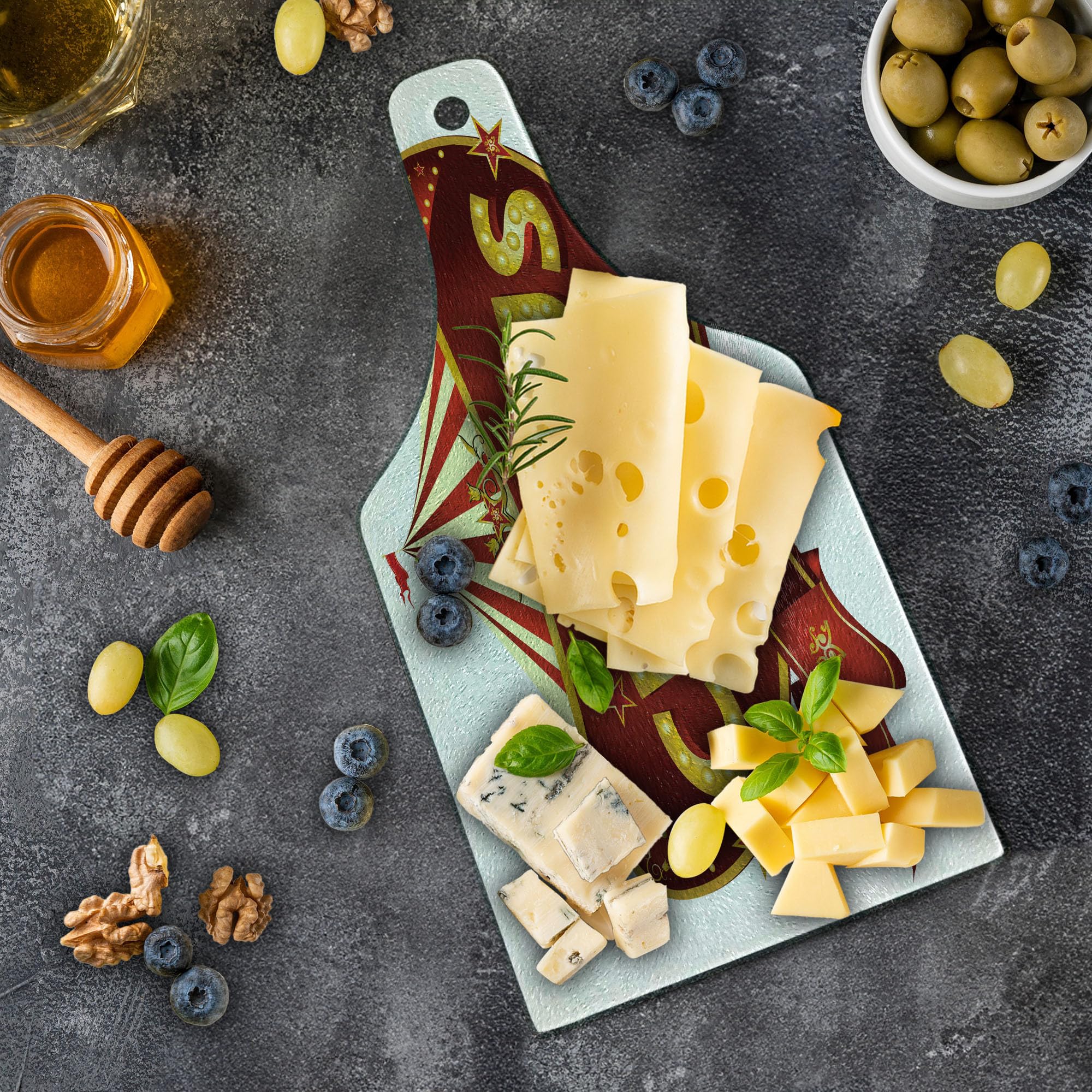 Ambesonne Circus Themed Cutting Board - Baroque Style Big Top Marquee Design, Tempered Glass Serving Board for Kitchen & Entertaining - Wine Bottle Shape in Yellow, White & Red | Perfect for Parties, Wine Tasting & Retro Home Decor