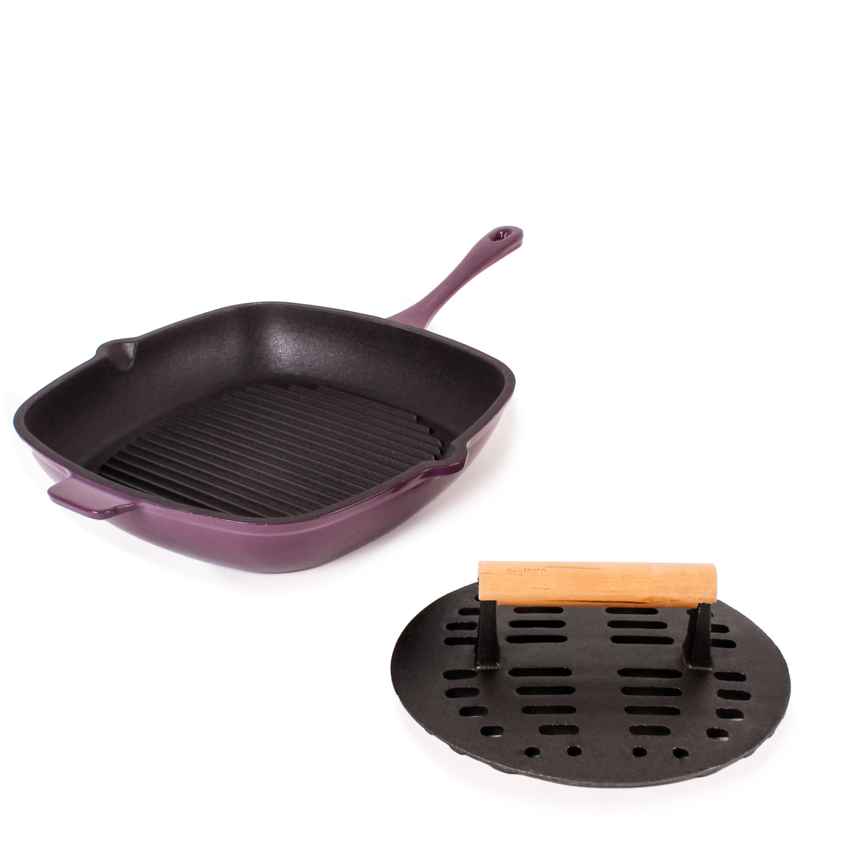 BergHOFF Neo 2-Piece Cast Iron Grill Pan Set with Slotted Steak Press - 11 Inch Nonstick Griddle Pan for Steaks, Burgers & Vegetables - Purple Cookware for Indoor/Outdoor Cooking