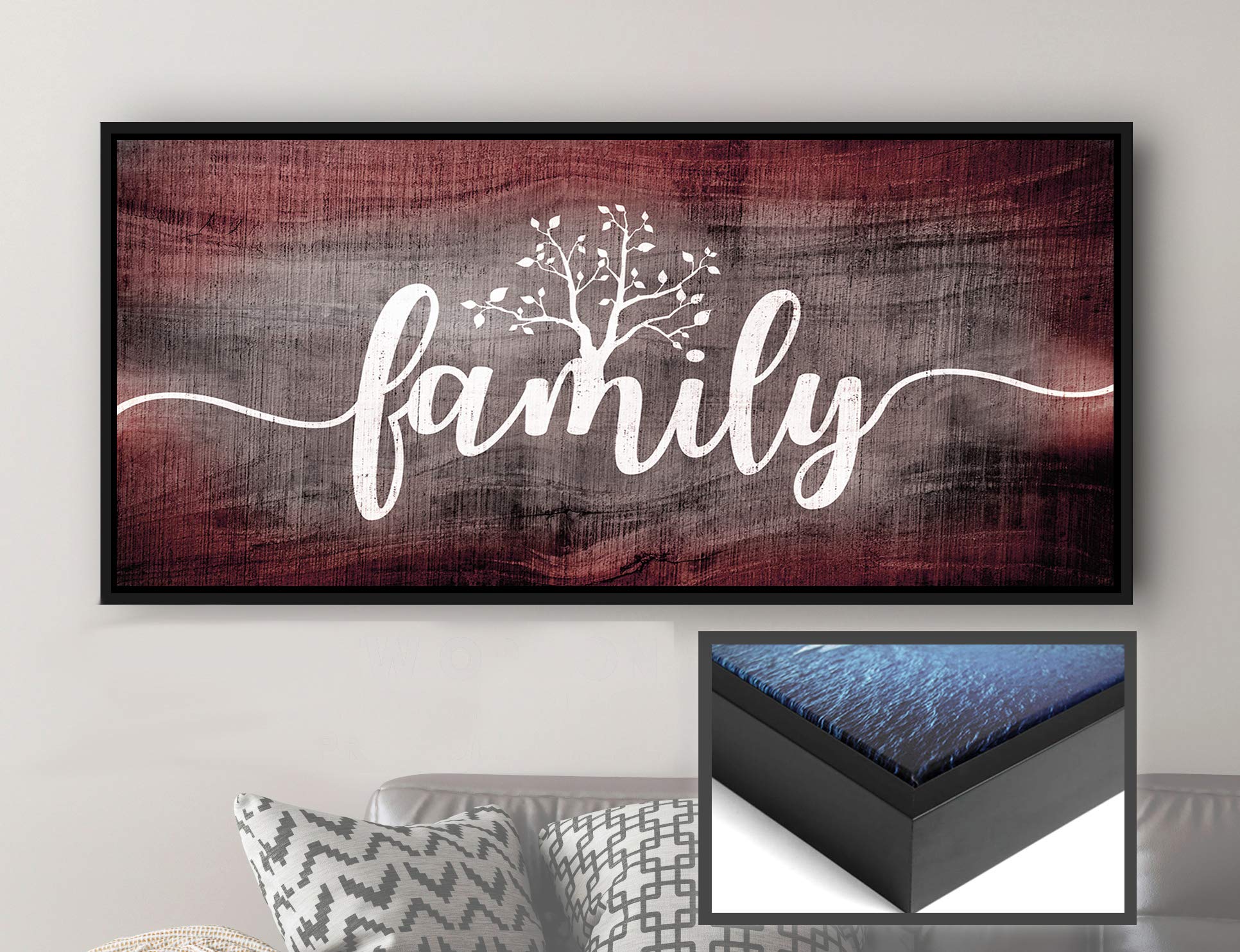 Farmhouse Family Word Sign Wall Art - Large Ready to Hang Living Room Decor with Black Floating Frame (Wine Red, 42x19 Inches) - Perfect for Country Style Homes, Rustic Weddings & Cozy Farmhouse Interiors