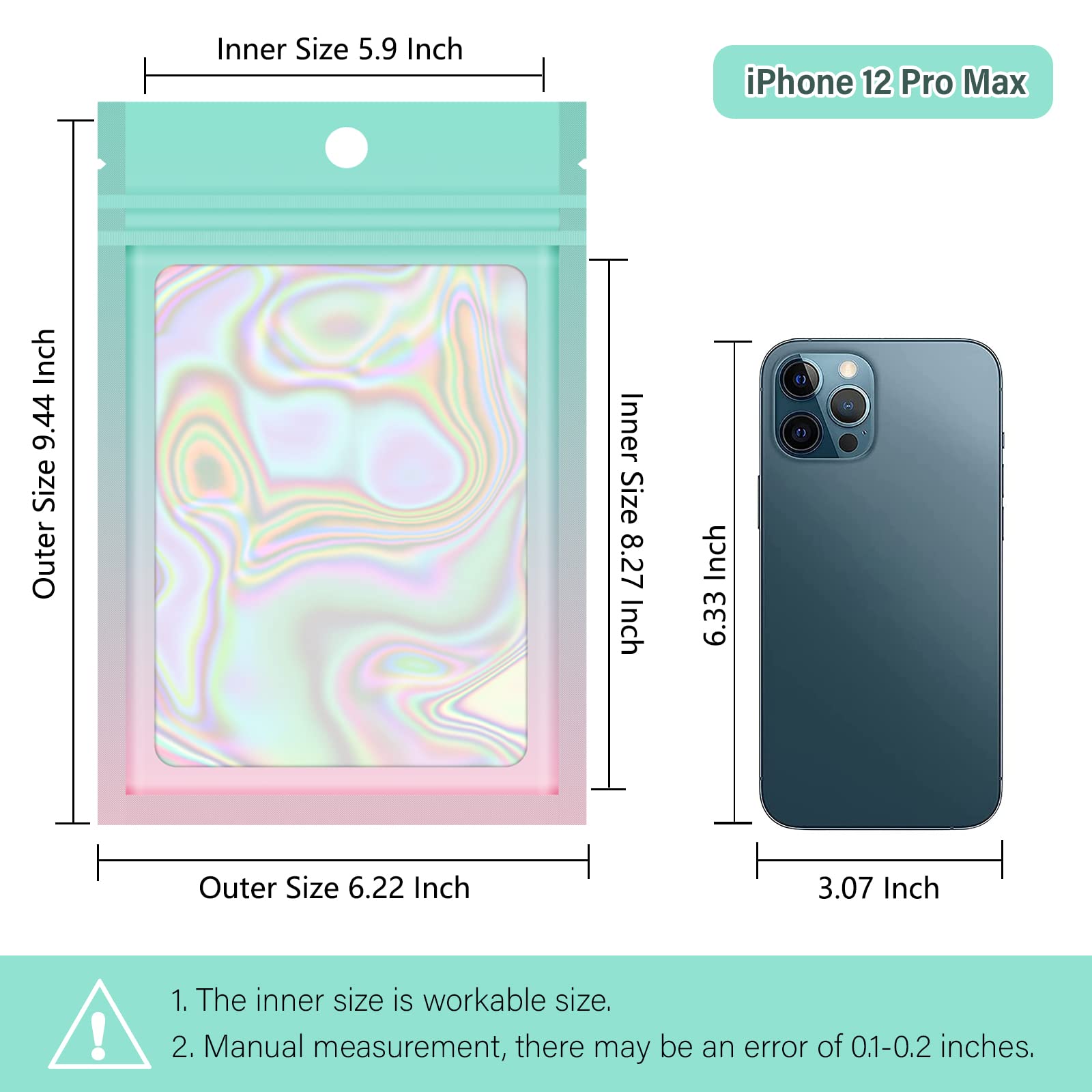 100-Pack Holographic Gradient Resealable Mylar Bags with Clear Window - 6.3x9.4 Inch Airtight Food Storage & Party Favor Bags (Green & Pink) for Candy, Snacks, Jewelry & Small Gift Packaging
