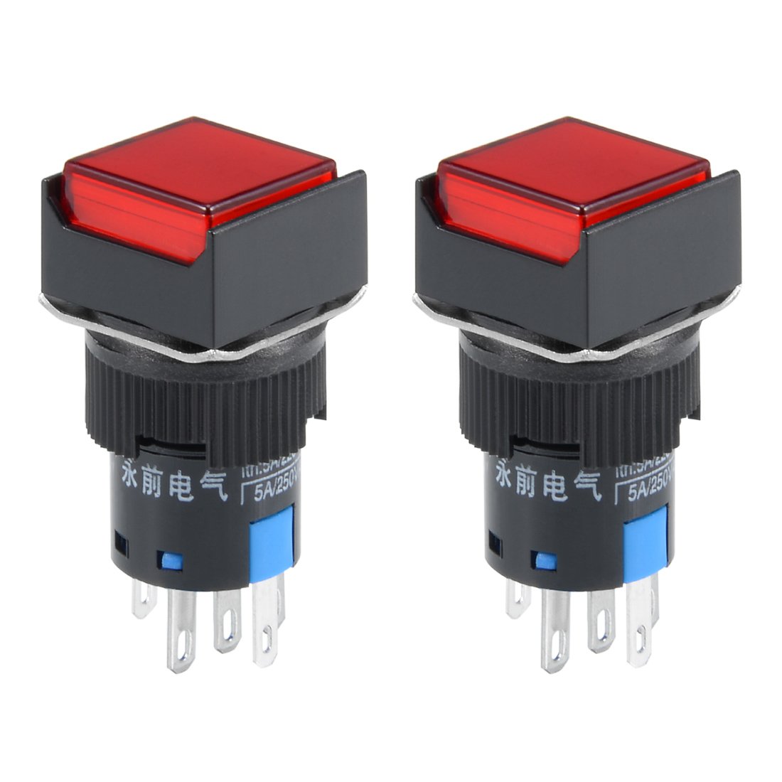 uxcell 2Pcs 16mm Latching Push Button Switch with Red LED Light - SPST 1NO 1NC Square Button 12V for Control Panels, Machinery & DIY Electronics Projects