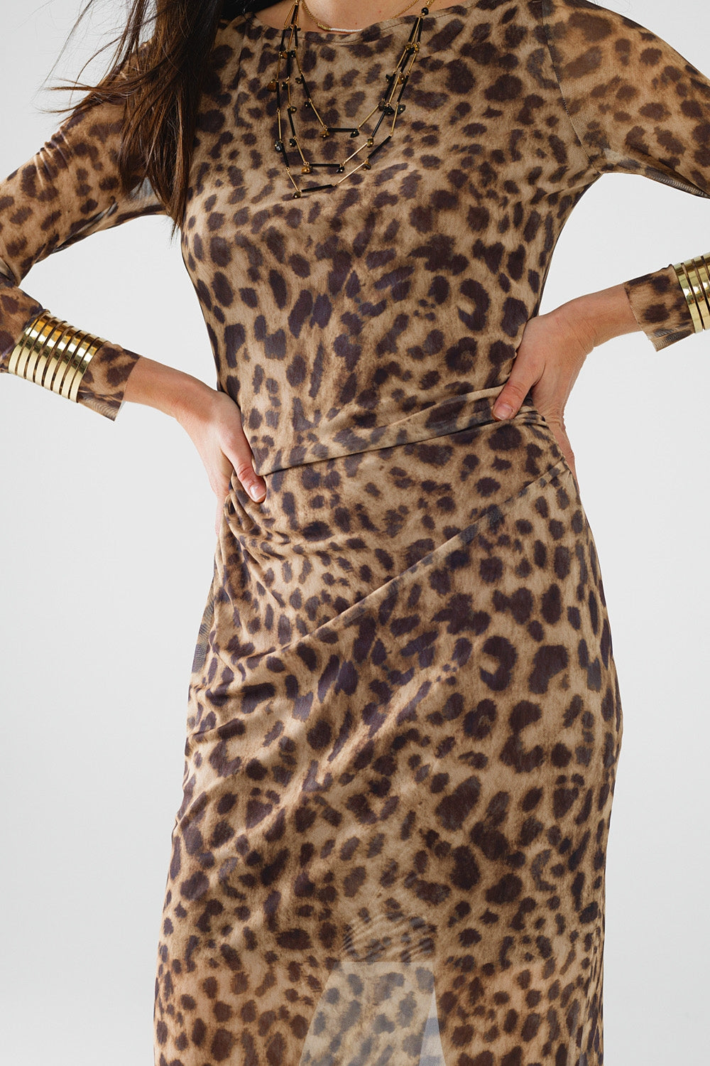 Women's Long Sleeve Leopard Print Midi Bodycon Dress - Sexy Sheer Transparent Robe for Evening Party & Night Out
