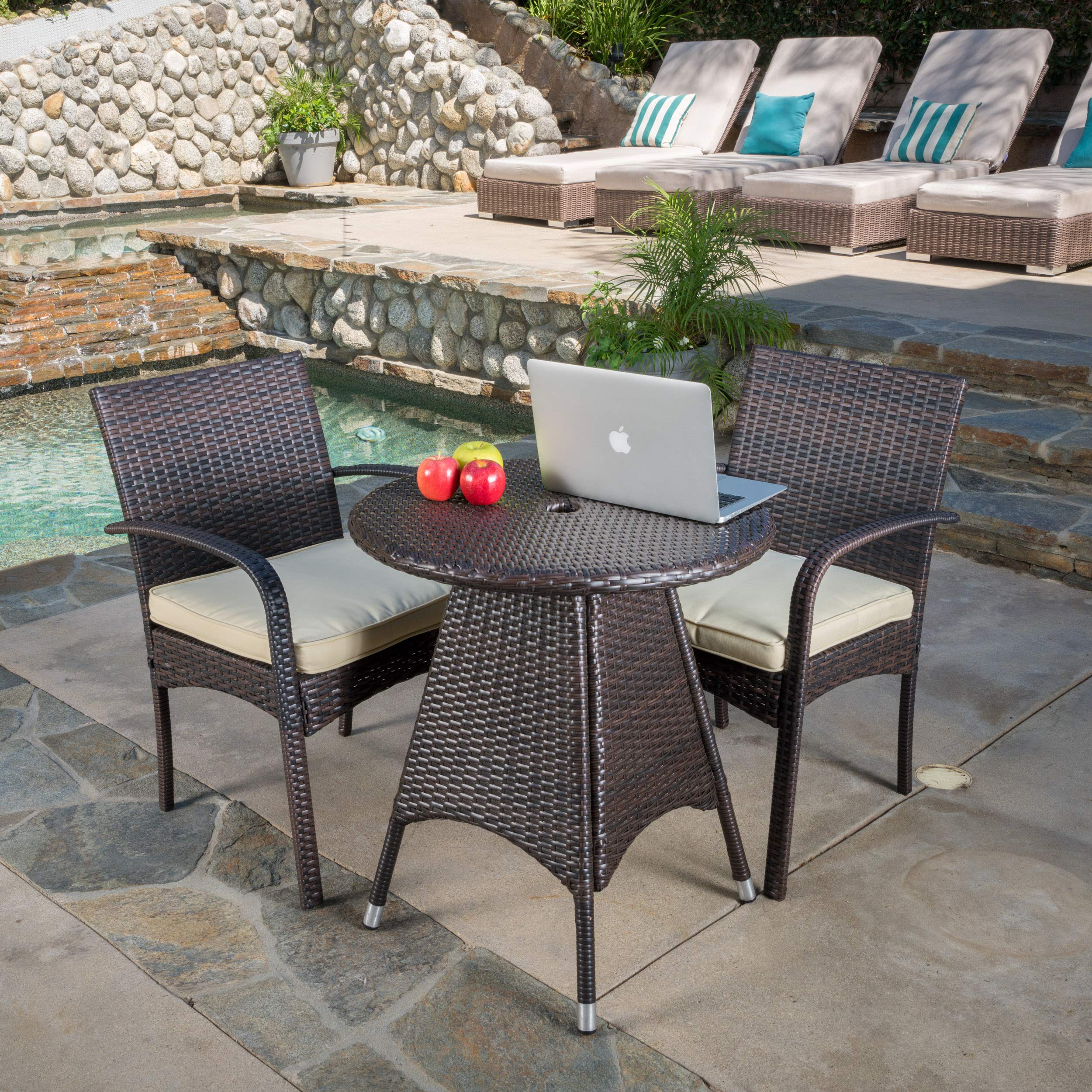 Peterson Outdoor Wicker Bistro Set with Cushions - 3-Piece Patio Furniture Set in Multi-Brown - Perfect for Garden, Balcony & Backyard Dining