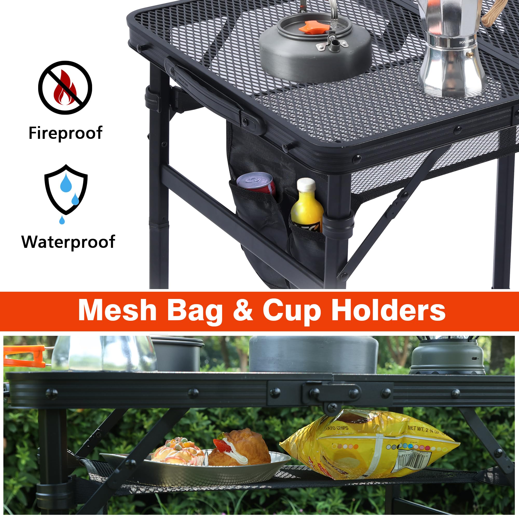 **2x1.3 FT Portable Folding Camping Table - Lightweight Adjustable Height Metal Grill Table with Mesh Desktop & Carry Bag - Perfect for Outdoor Camping, Picnic, Beach & BBQ (Black)**    *(Use Cases: Ideal for camping trips, backyard BBQs, beach outings, picnics, tailgating, and outdoor dining.)*