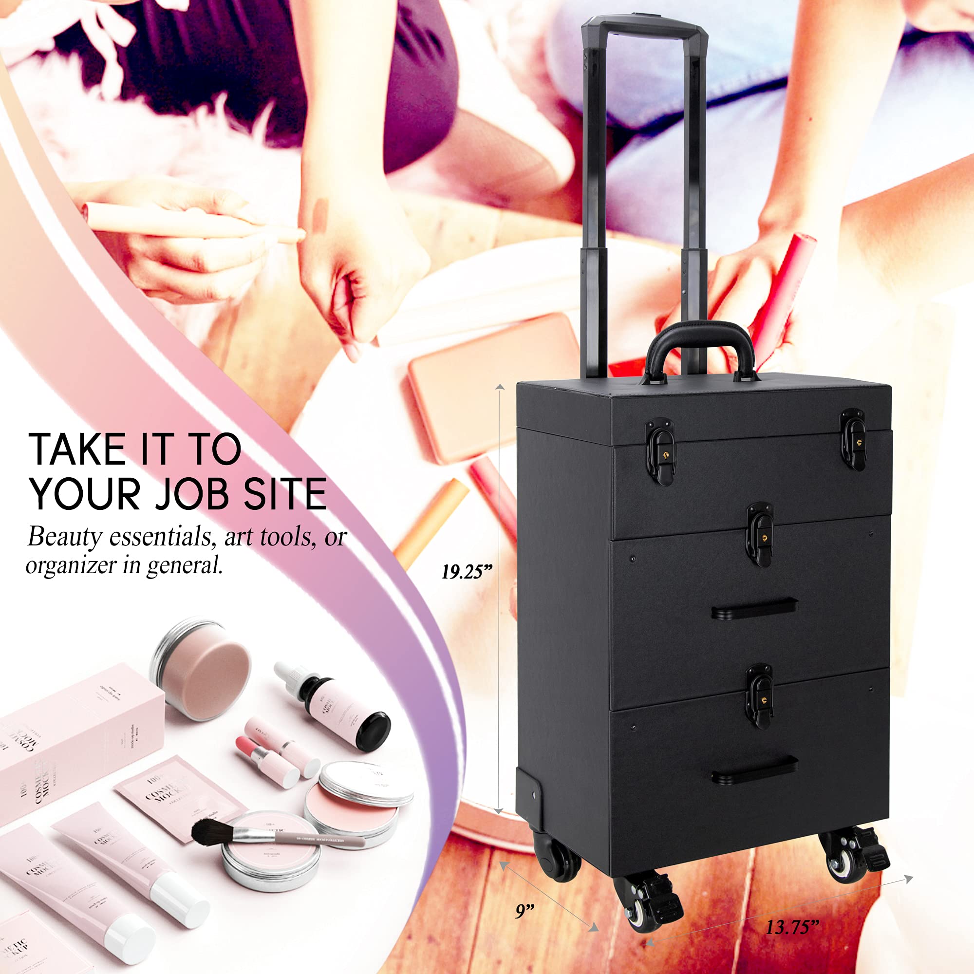 Ver Beauty Rolling Makeup Trolley Case - 360° Swivel Wheels Professional Cosmetic Organizer for Salon, Hair Stylist & Nail Artists - Faux Leather Black | Perfect for Mobile Beauty Services & Salon Organization