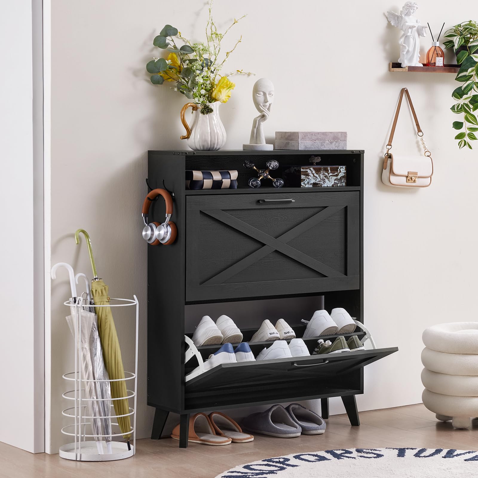 Farmhouse Shoe Storage Cabinet with 2 Flip Drawers - Narrow Entryway Organizer with Wooden Legs & Open Storage - Free Standing Closet for Foyer, Hallway, Bedroom - Perfect for Small Spaces & Home Organization (Black)
