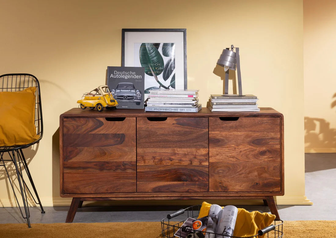 Gfine Solid Sheesham Wood Sideboard with 3 Doors - 130x40x76cm - Elegant Storage Cabinet for Living Room, Dining Room & Entryway