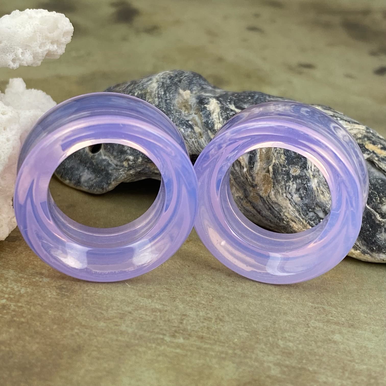 Lavender Opalite Stone Concave Tunnels - Mystic Metals Body Jewelry Pair (STN-752) | Perfect for Ear Stretching, Piercings & Alternative Fashion