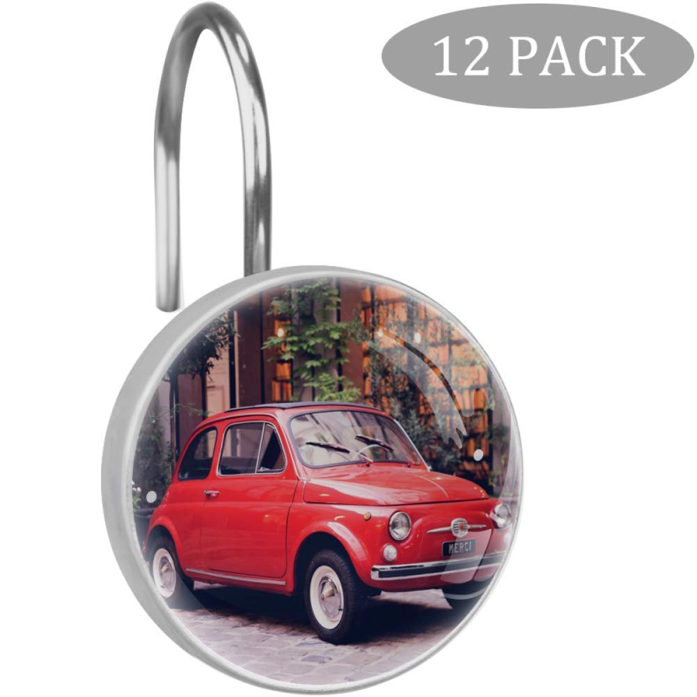 Idealiy Red Car Bathroom Shower Curtain Hooks - Rust Resistant Stainless Steel Shower Hooks for Bathroom Decor, Kids Room & Themed Showers - Perfect for Car Lovers & Children's Bathrooms