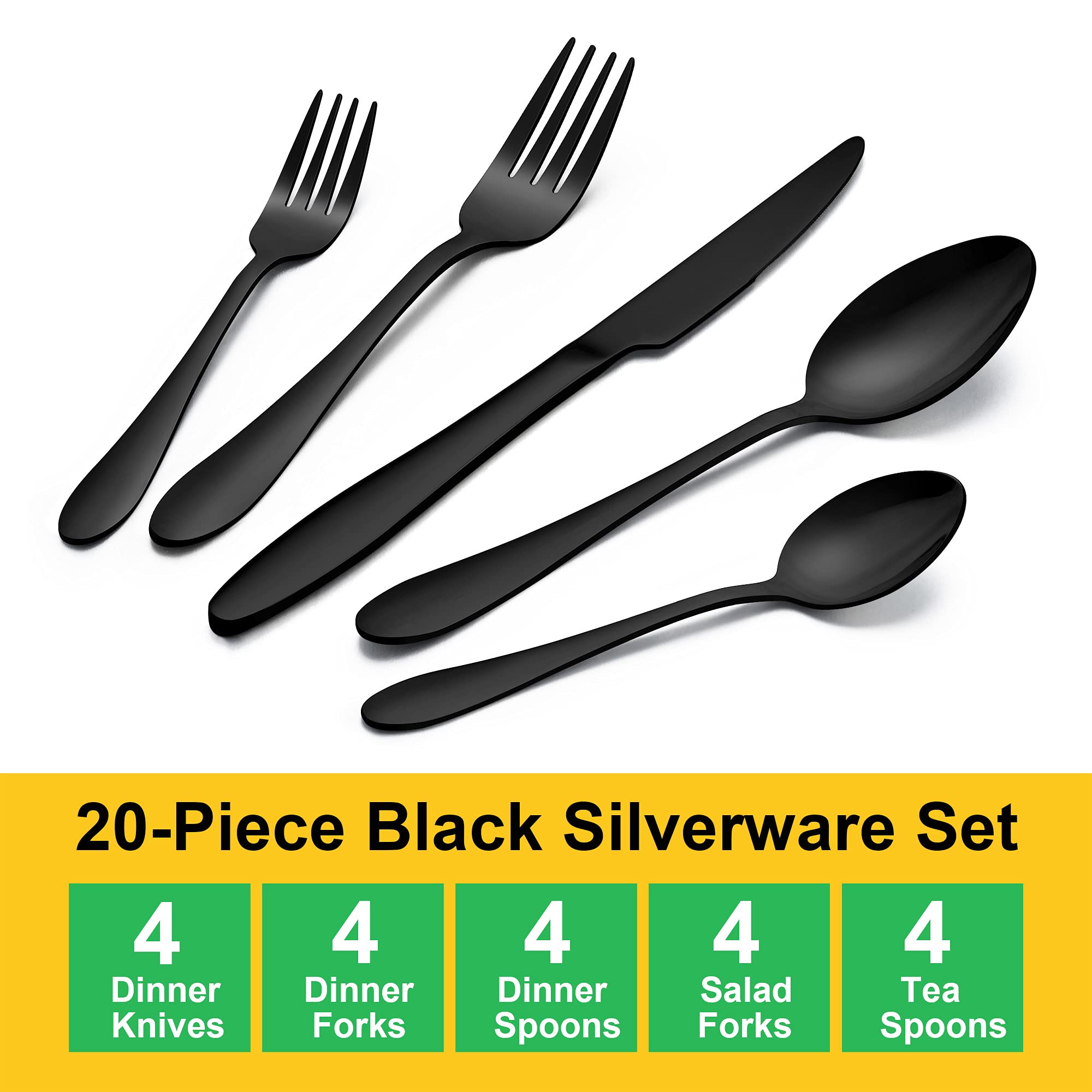 20-Piece Stainless Steel Flatware Set for 4 - Mirror Polish Black Silverware Cutlery Set with Forks, Knives & Spoons | Dishwasher Safe Dinnerware for Restaurants, Home Dining & Parties