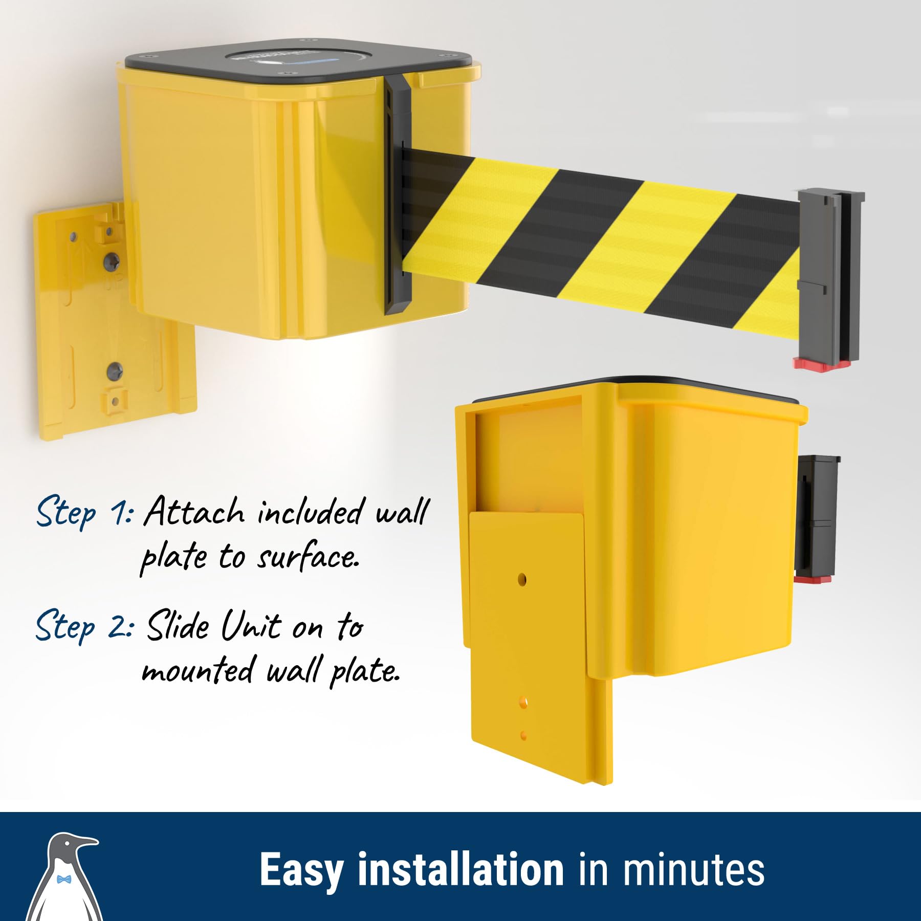 WM412 Retractable Belt Wall Mounted Yellow Crowd Control Barrier with 15' Black/Yellow Diagonal Belt - Queue Management System for Events, Stores & Public Spaces