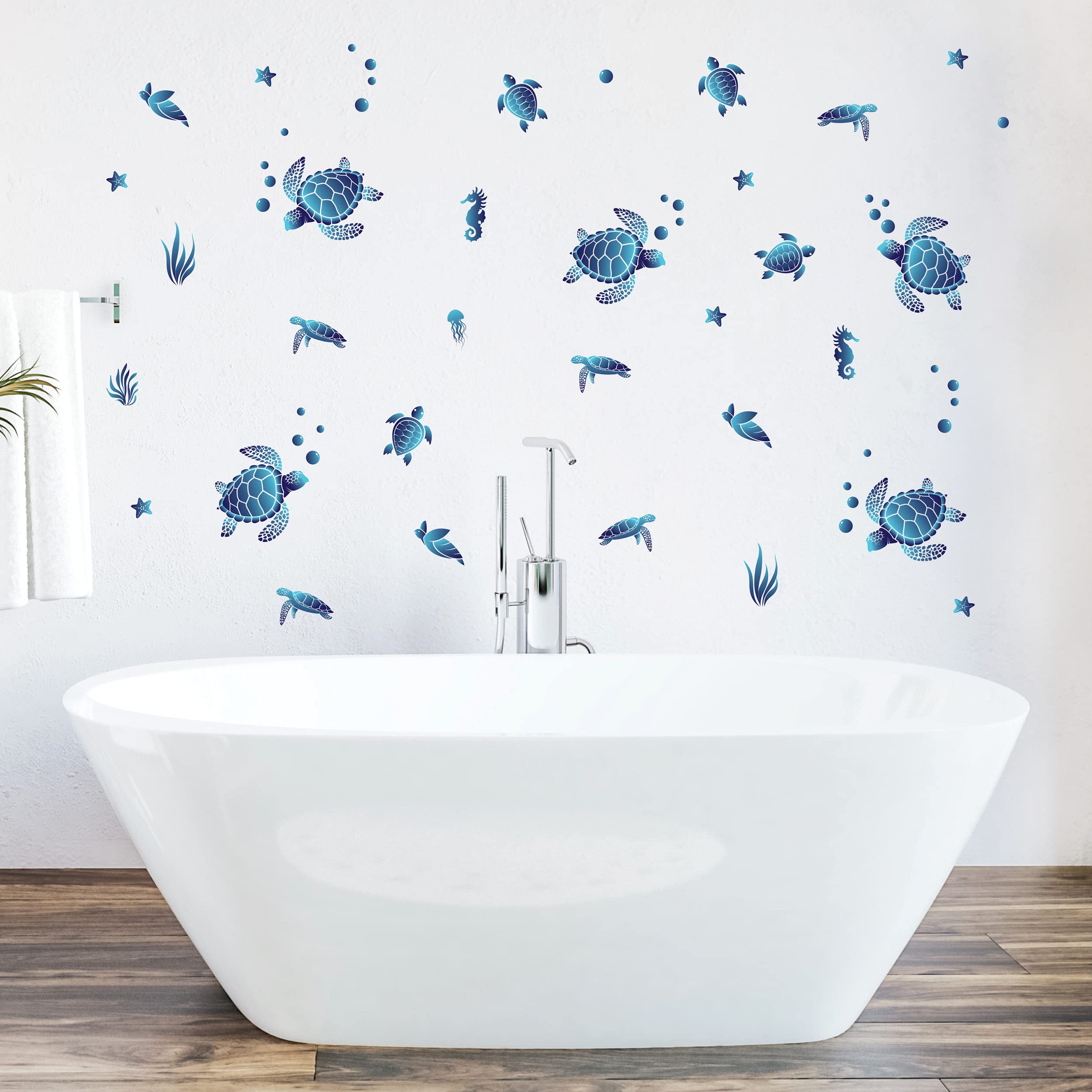 Blue Sea Turtle Wall Decals - Set of 100 Removable Peel & Stick Stickers for Nursery, Bedroom, Bathroom & Classroom Decor | Beach Theme Indoor Wall Art for Kids Rooms & Home Decor