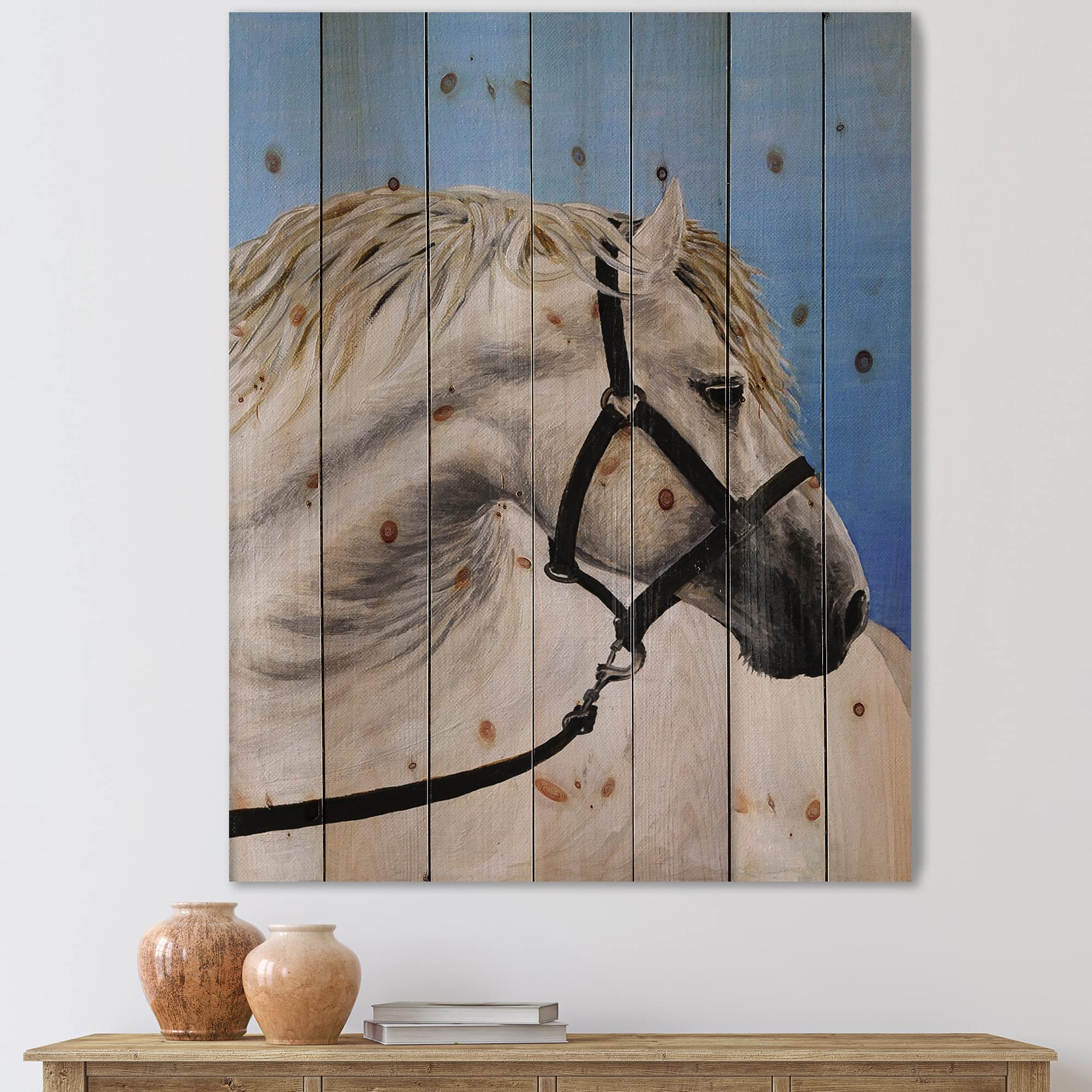 DesignQ White Horse in Furrow Farmhouse Wood Wall Art - Large Animal Print on Natural Pine Wood Panel - Rustic Home Decor for Living Room, Bedroom & Office