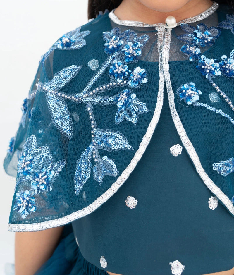 Pre Order: Stylish Teal Blue Crop Top & Skirt Set with Elegant Cape - Perfect for Cosplay, Halloween, and Fashion Events