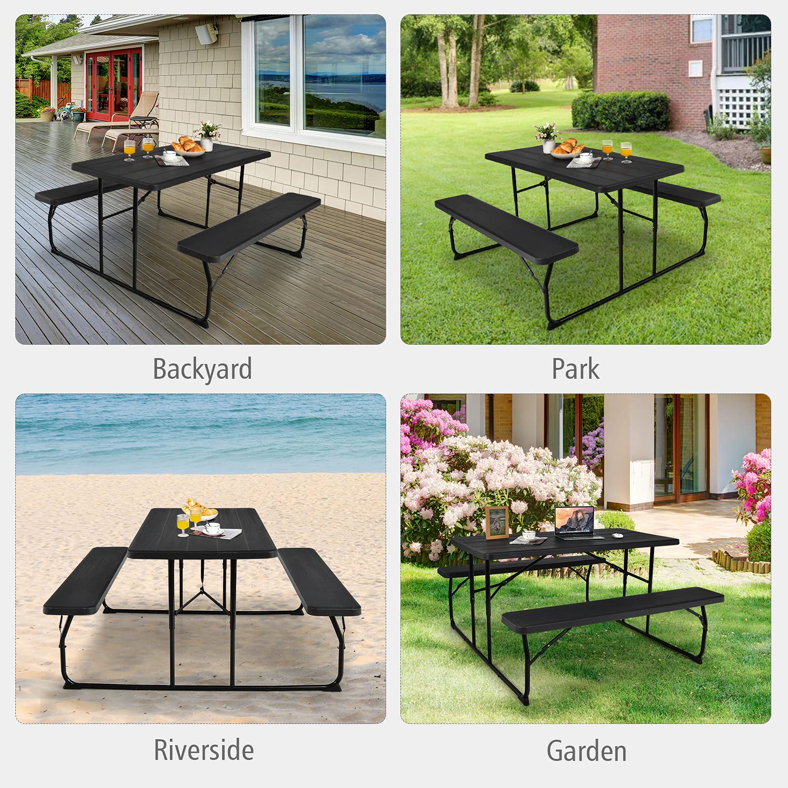 Renatone Folding Picnic Table - Portable Outdoor Dining Table for Camping, Beach, Backyard & Patio - Compact & Lightweight - Black