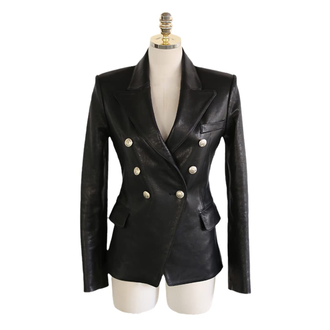 2022 Women's Black Faux Leather Biker Jacket with Buttons & Turn-Down Collar - Spring Autumn Basic Coat for Casual Outfits & Motorcycle Riding (Size M)