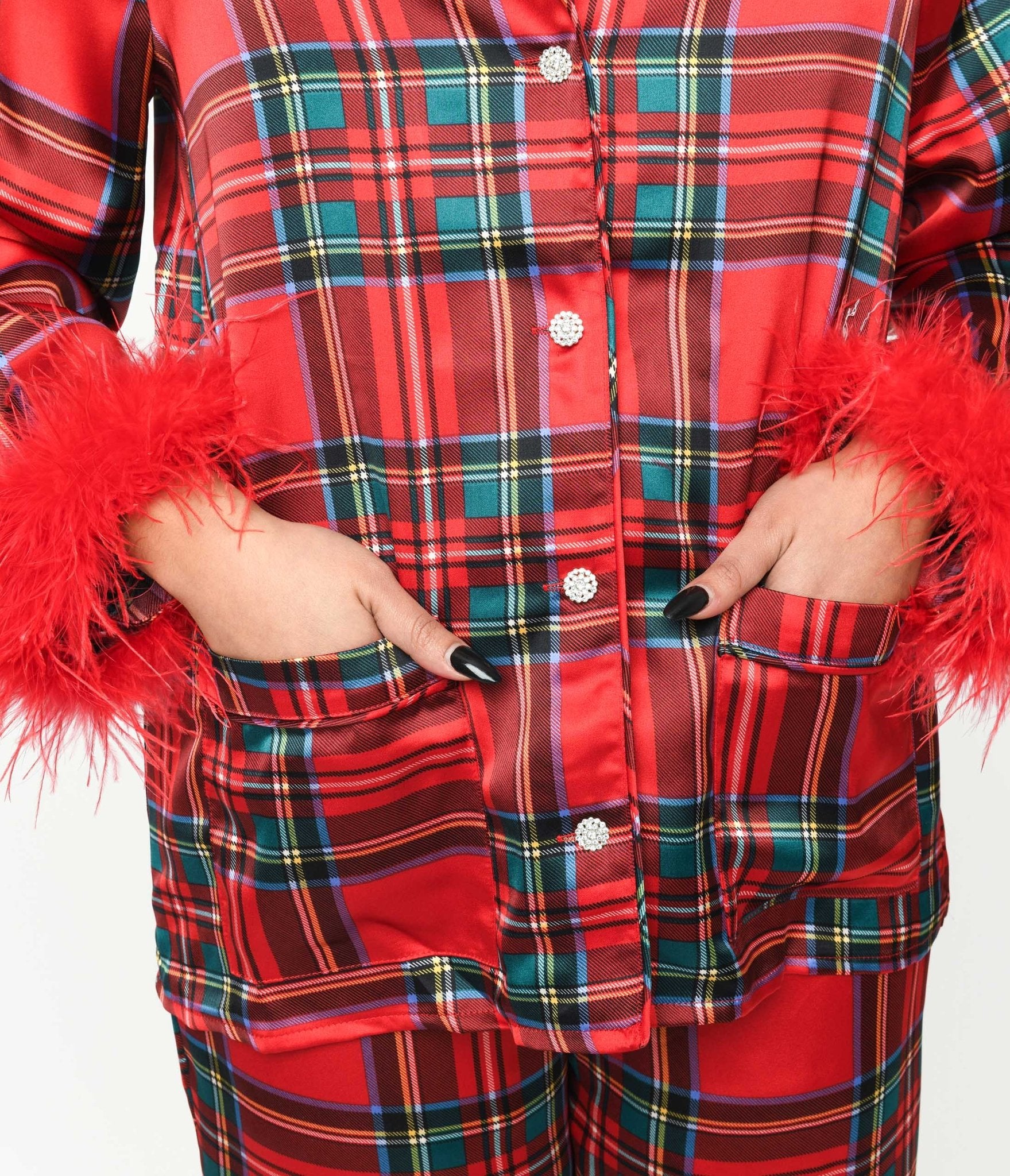 Red Tartan & Feather Trim Pajama Set - Cozy Women's Sleepwear for Christmas, Winter Nights & Loungewear