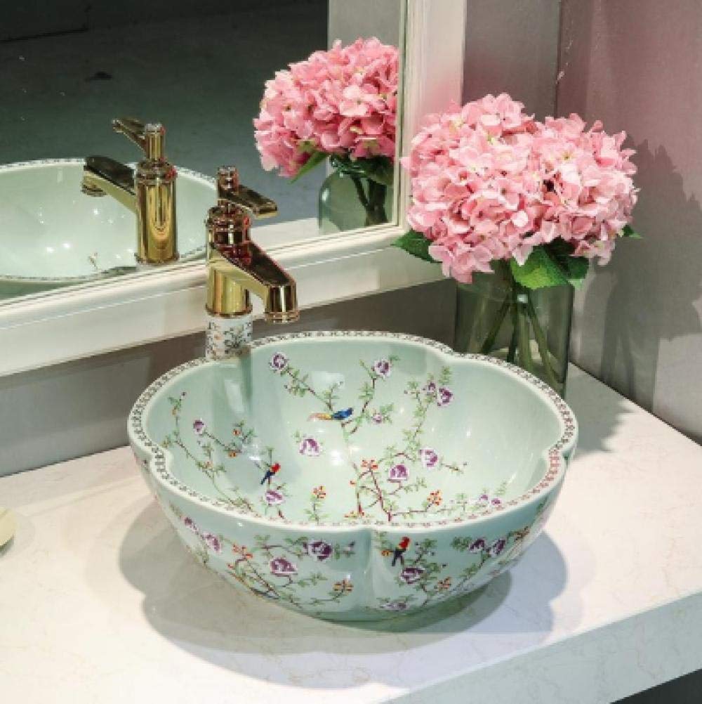Hand-Painted Porcelain Vessel Sink - Blue Floral Bird Design Bathroom Countertop Basin (Sink Only) | Perfect for Modern Farmhouse, Boho Chic & Luxury Bathroom Decor