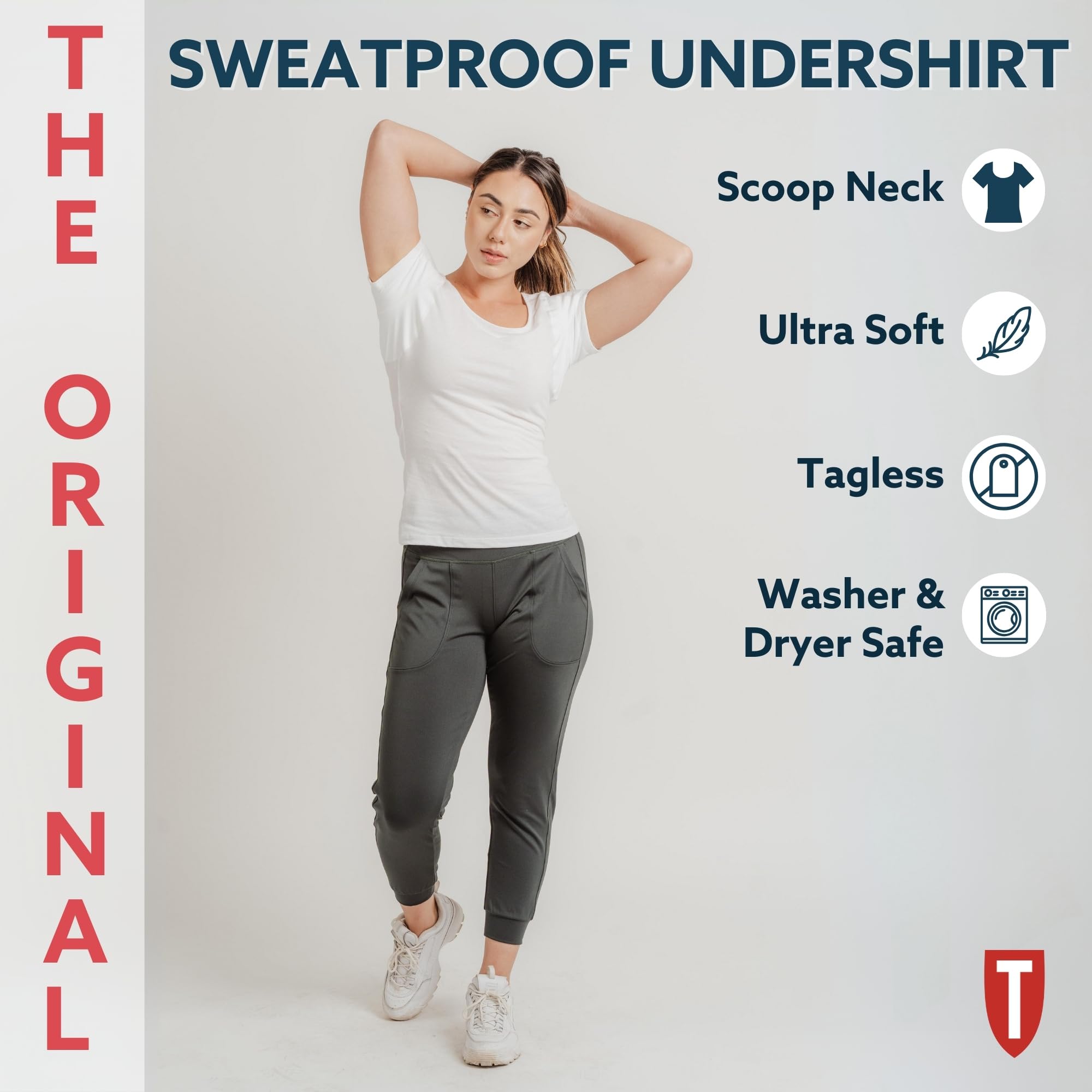 T THOMPSON TEE Women's Sweatproof Undershirt - Scoop Neck Slim Fit V-Neck with Built-in Sweat Pads | Moisture Wicking Anti-Perspirant Shirt for Workouts, Yoga & Everyday Wear