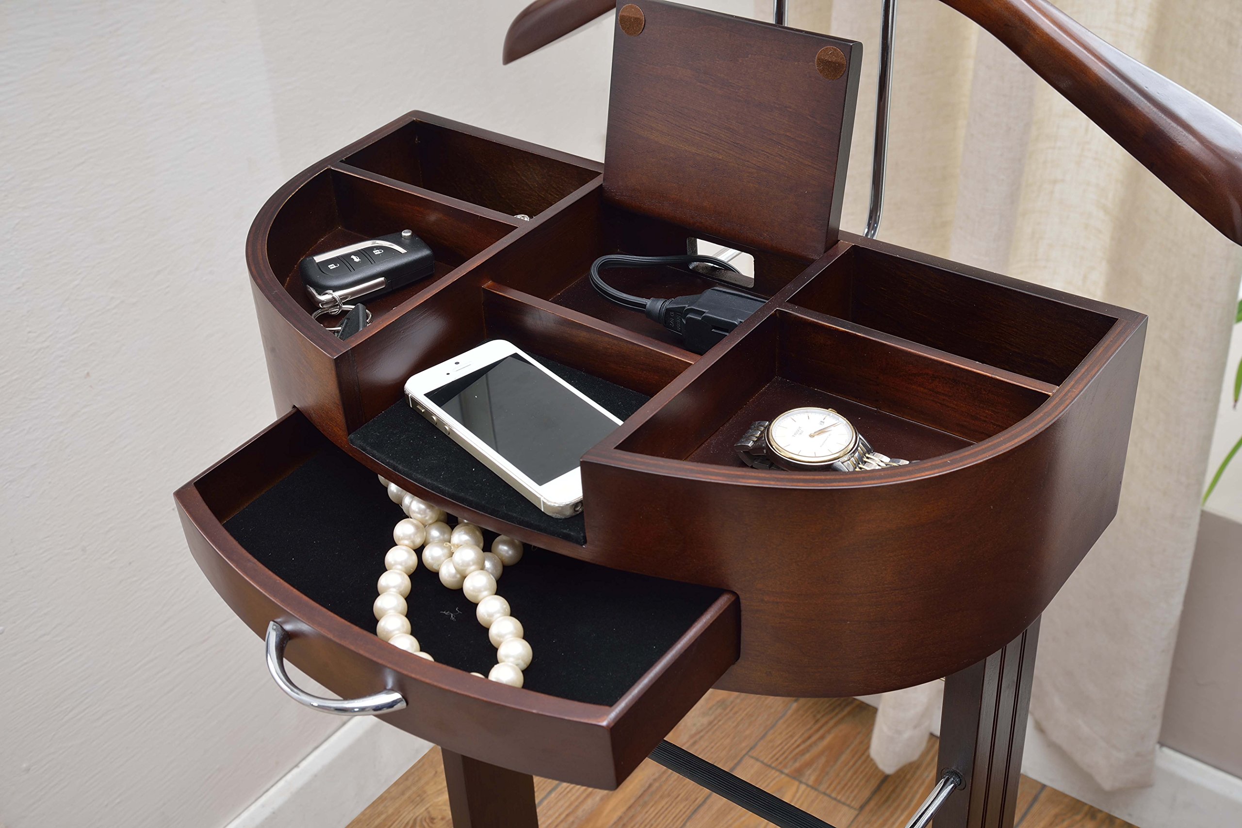 Proman Products Crescent Moon Valet Stand for Men - Wooden Valet Organizer with Drawer, Top Tray, Contour Hanger, Trouser Bar, Belt Hooks & Shoe Rack - Mahogany Finish - Perfect for Bedroom, Closet & Entryway Organization