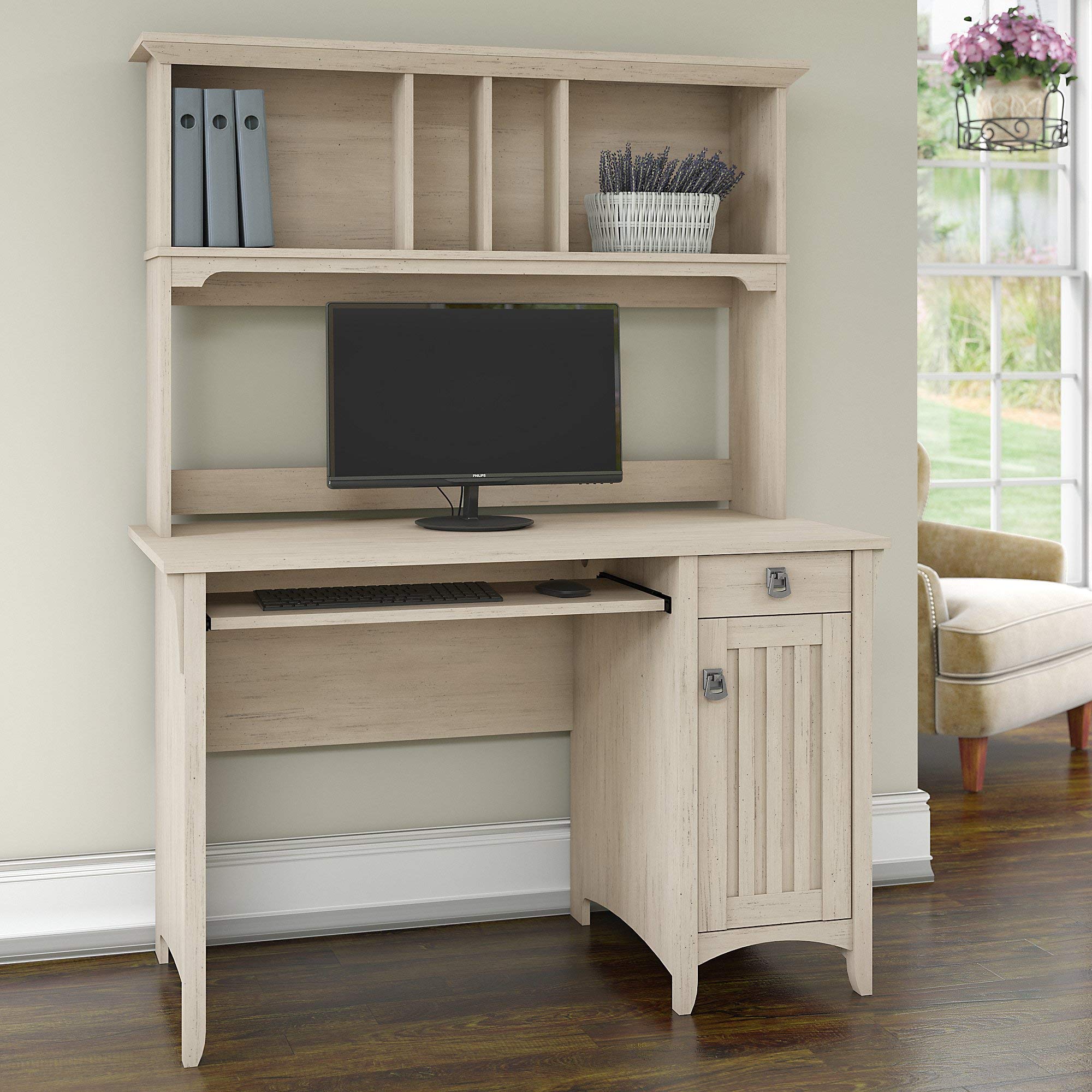 Bush Furniture Salinas Small Computer Desk with Hutch & 5-Shelf Bookcase Set, Antique White - Compact Home Office Desk for Small Spaces, Study & Workstation Solution