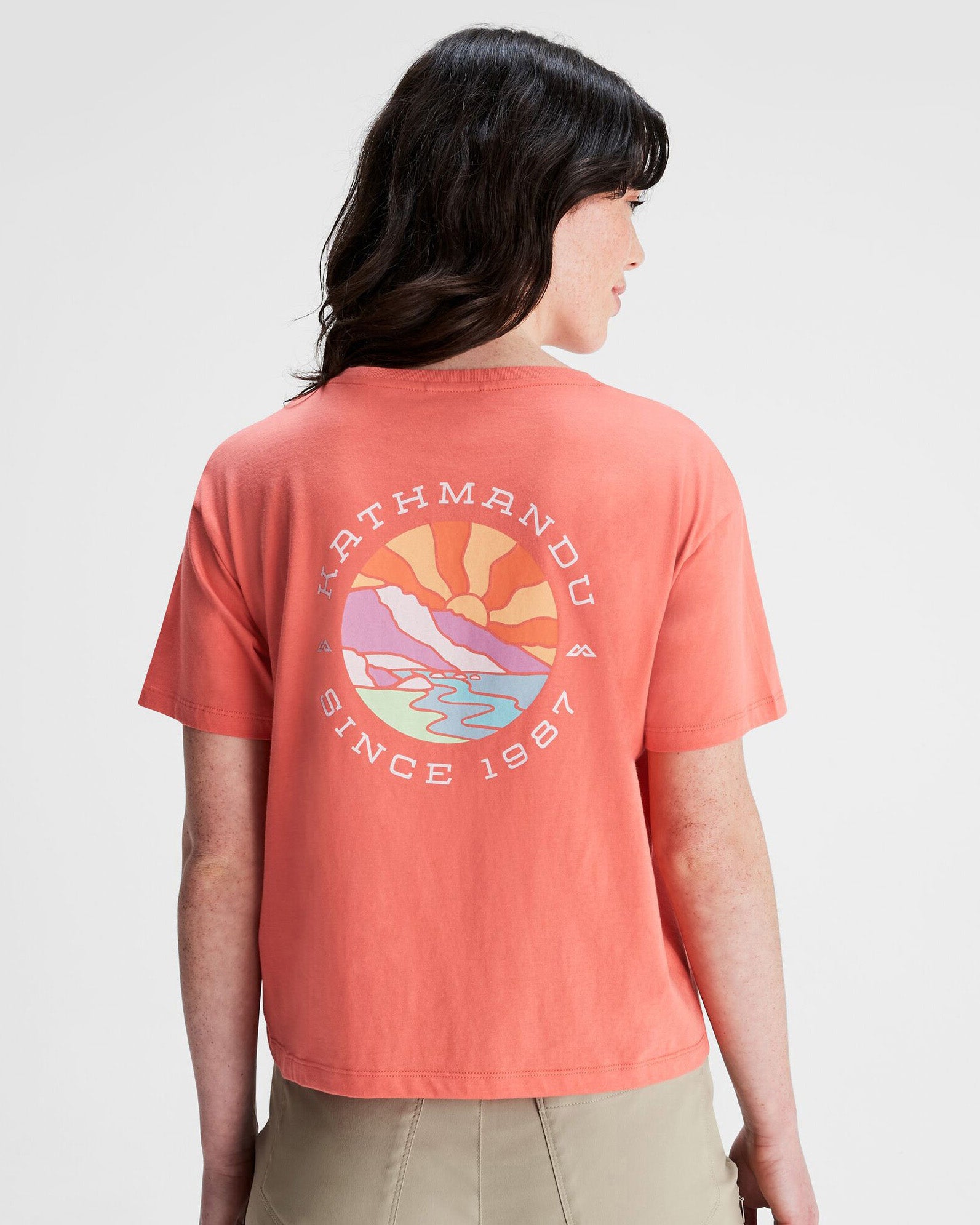 Women's Kathmandu Logo Sunburst Organic Cotton T-Shirt - Eco-Friendly Casual Tee for Outdoor Adventures & Everyday Wear