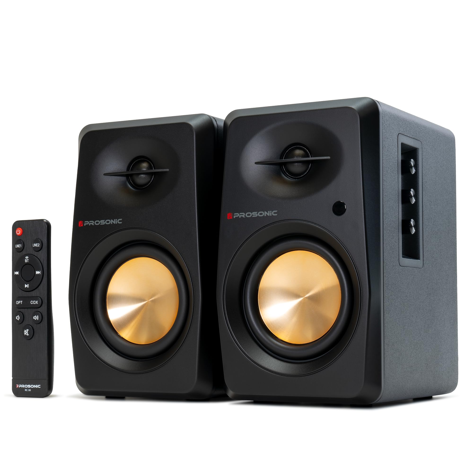 Prosonic BT30 (2023 Version) 80W Powered Bluetooth Bookshelf Speakers - Studio Monitor & Home Theater Sound System with Optical/Coaxial/RCA Inputs - Perfect for Vinyl Turntables, Gaming & Movie Nights (Black)