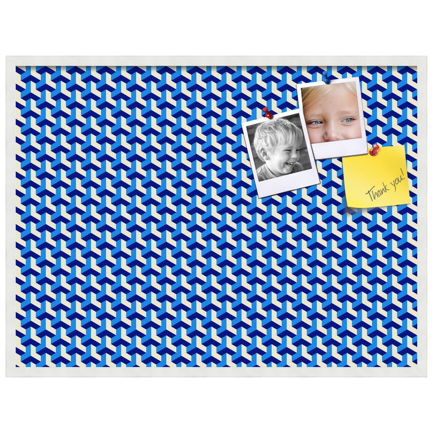 PinPix 40x30 Inch Cork Bulletin Board with BAUS Blue Beige Design & Satin White Frame - Decorative Framed Pin Board for Home Office School Decor - Perfect for Notes, Photos, Reminders & Wall Organization