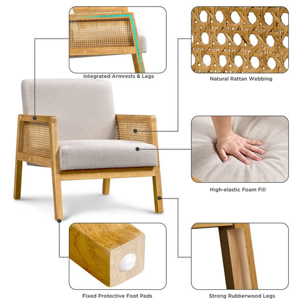 Yaheetech Rattan Armchair with Cushion - Wicker Patio Chair with Wooden Legs & Armrests - Perfect for Garden, Balcony, Porch, and Outdoor Relaxation