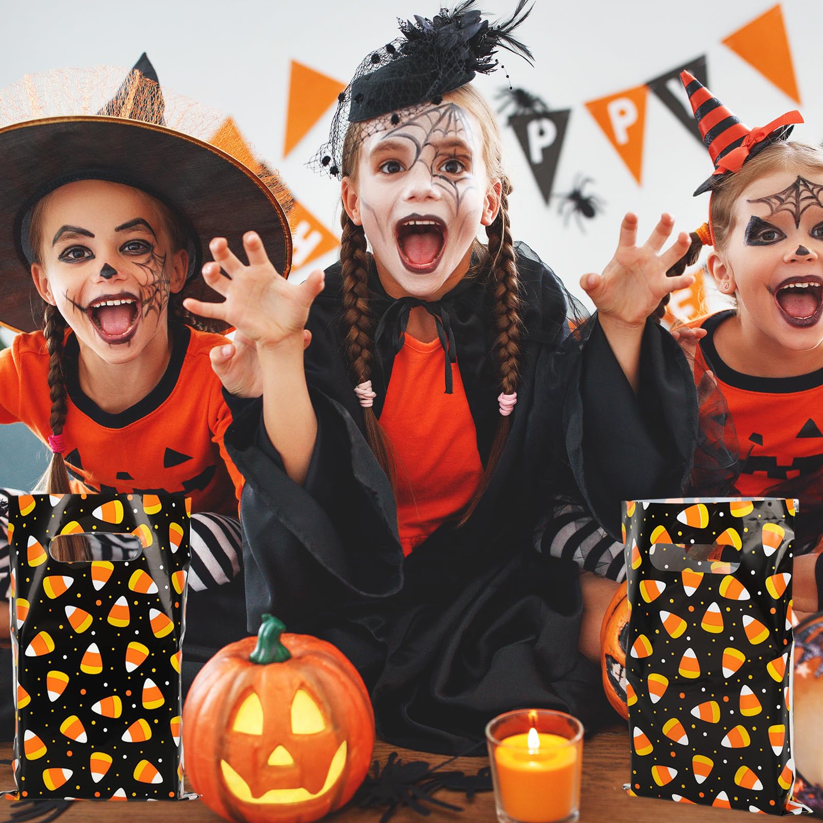 Whaline 72Pcs Halloween Trick or Treat Bags - Plastic Goodie Candy Bags for Halloween Party Favors, Corn Treat Bags & Gift Wrap - Perfect for Trick-or-Treating, Halloween Parties & School Events