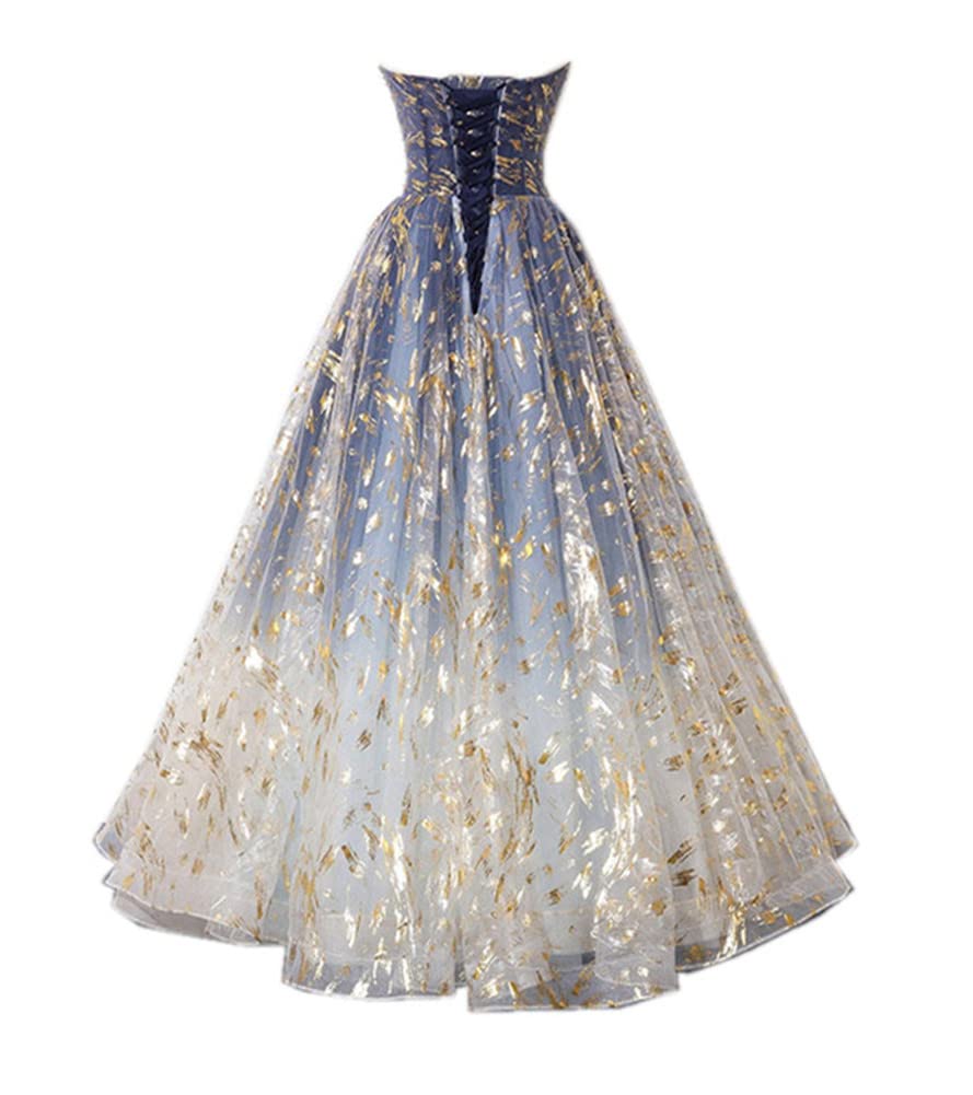 FLwuhui Women's Strapless Tulle Long Prom Dress A Line Beaded Formal Evening Gown for Homecoming, Wedding, Ball & Special Occasions