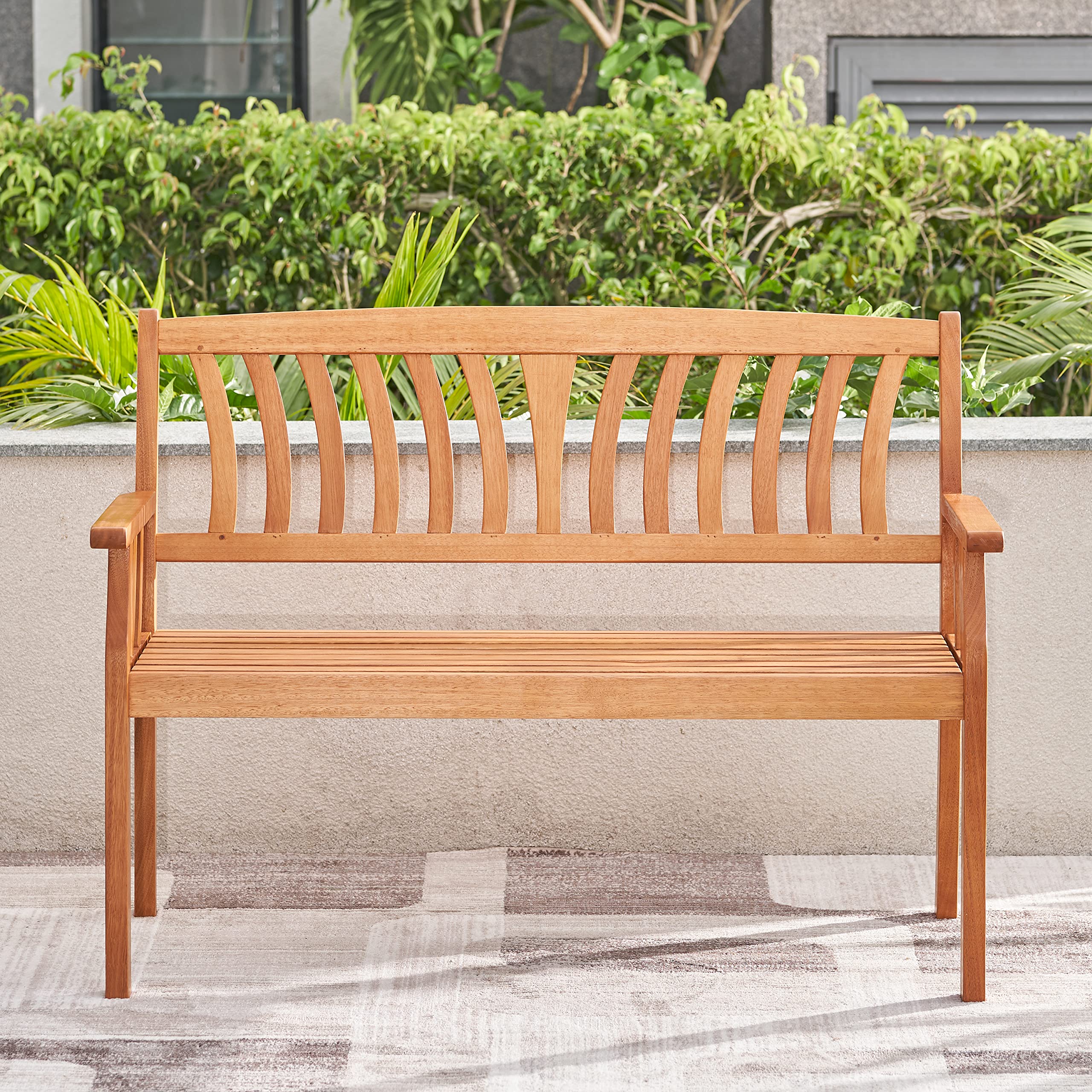 VIFAH V1963 4ft Outdoor Wooden Bench - Natural Eucalyptus Wood Patio Love Seat with Armrests & Backrest - Perfect for 2-Person Seating in Garden, Backyard, Poolside, Deck or Outdoor Living Spaces