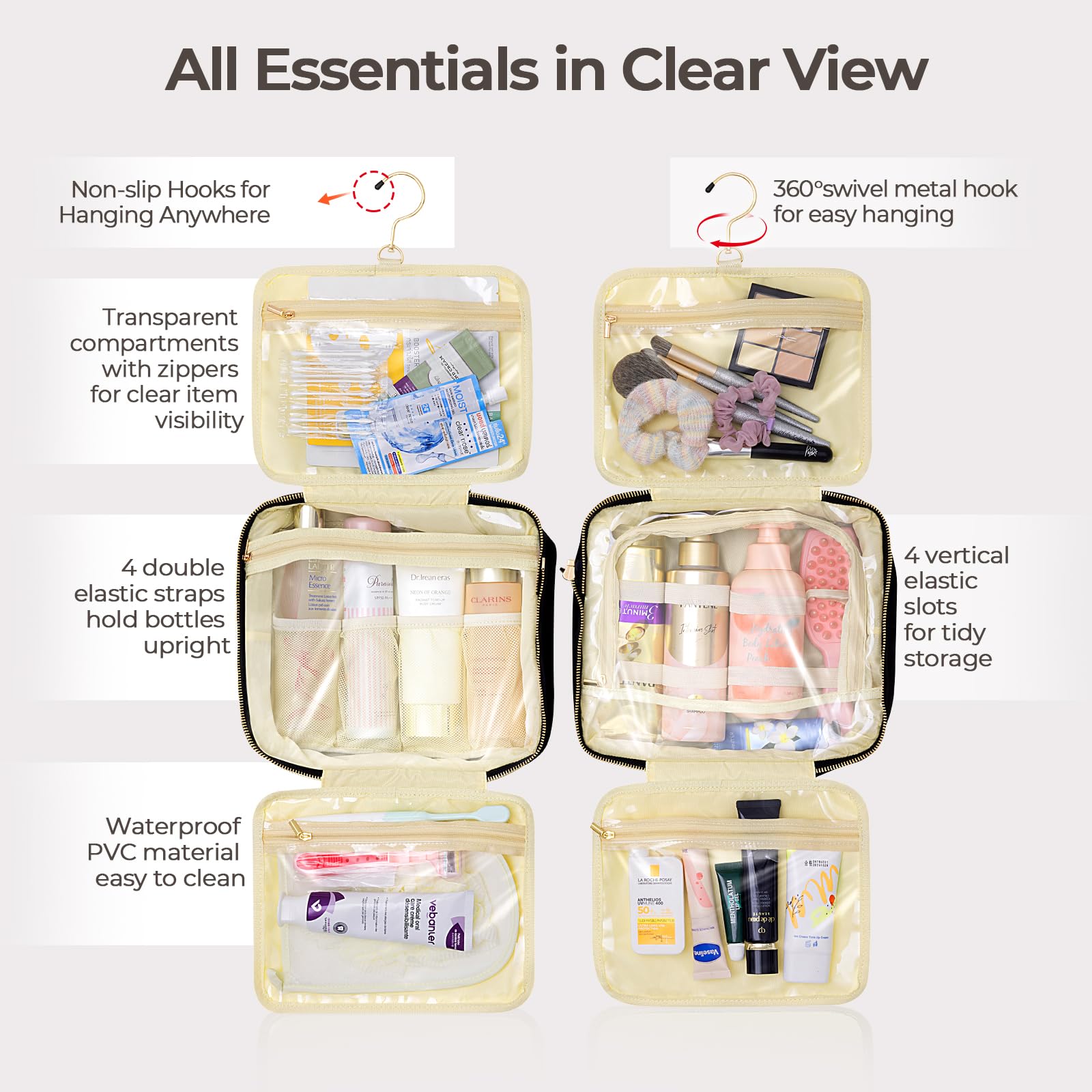 **Detachable Hanging Travel Toiletry Bag for Women - 6 Compartments Large Makeup Organizer for Bathroom, Shower, Business Trips & Camping (Black) - Perfect for Travel, Gym & Daily Use**
