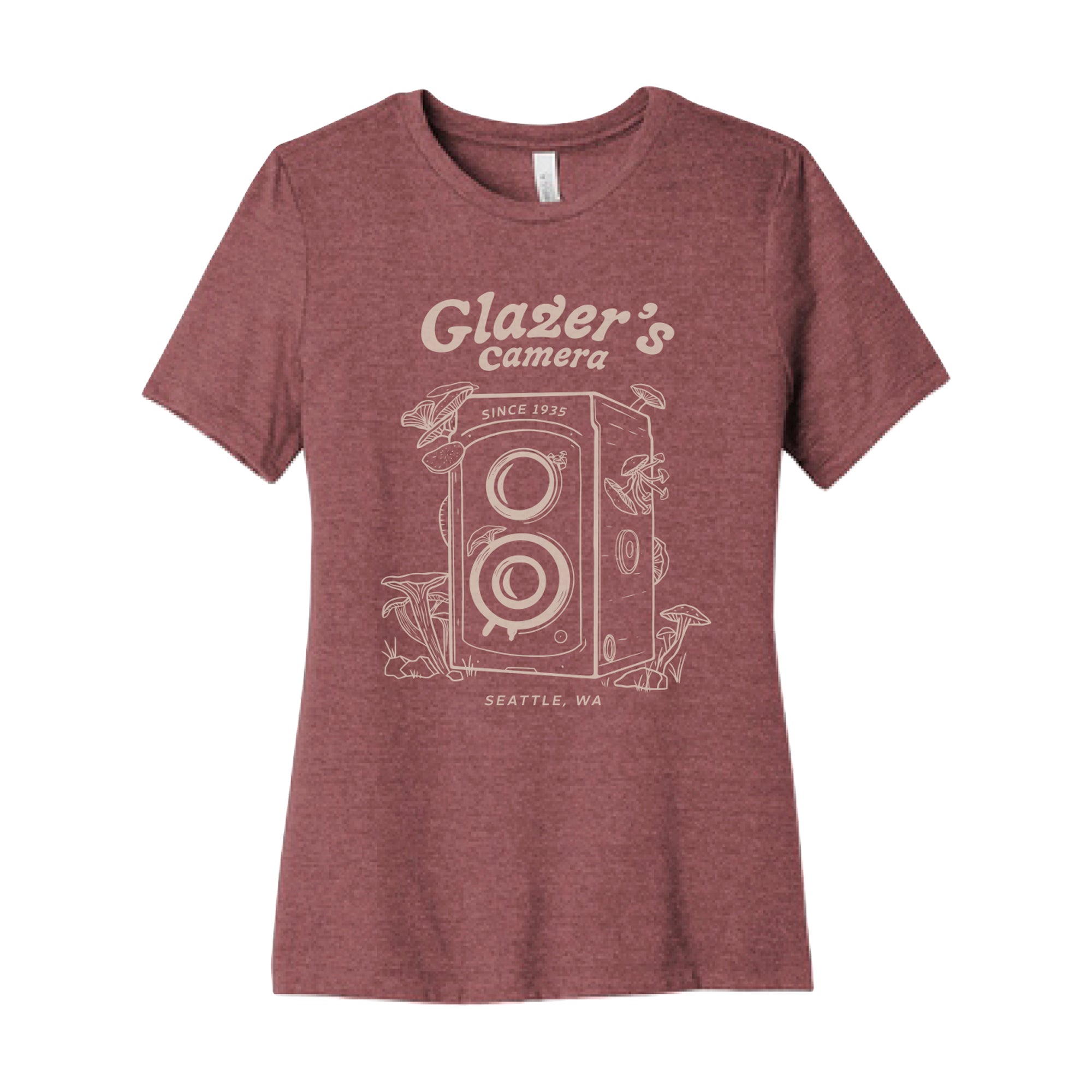 Glazer's Mushroom Camera Vintage T-Shirt for Women - Mauve, Large Size | Cute Graphic Tee for Casual Wear, Photography Enthusiasts & Outdoor Adventures